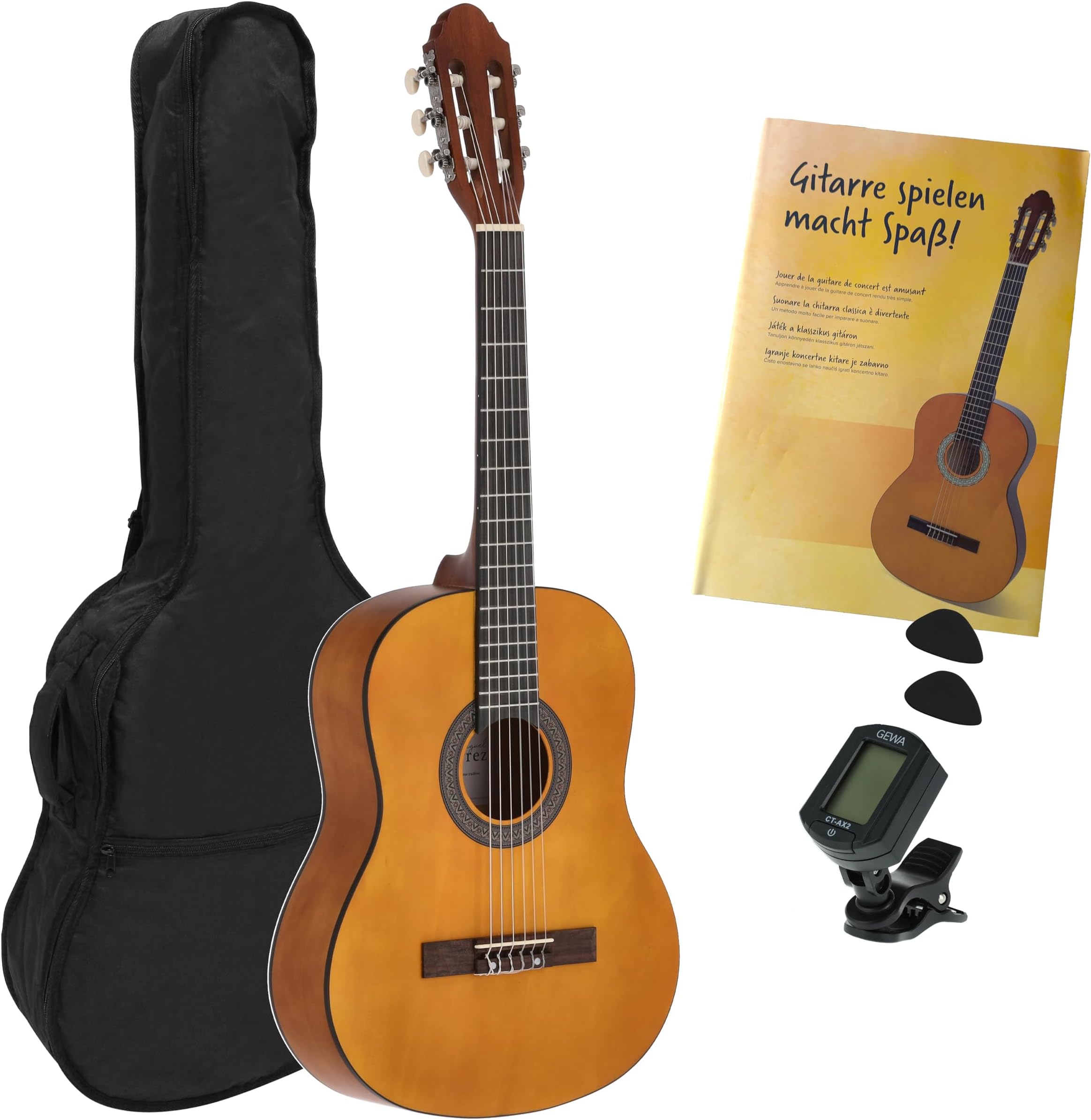 Juan Miguel Navarrez concert guitar - classical guitar - 3/4 honey - natural - starter set - incl. bag, plectrums, book, tuner