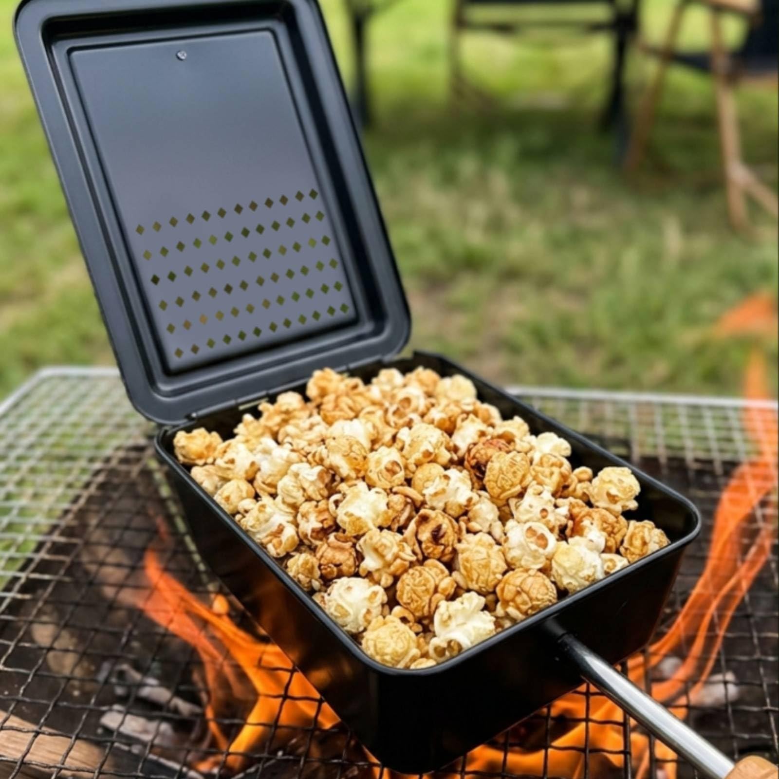 MERIGLARE Poêle à Frire Camping avec Couvercle Haché Poêlon en Fer avec Revêtement Antiadhésif et Poignée en Hêtre Plat Cuisson Portable avec Sac Rangement Adapté aux Camping