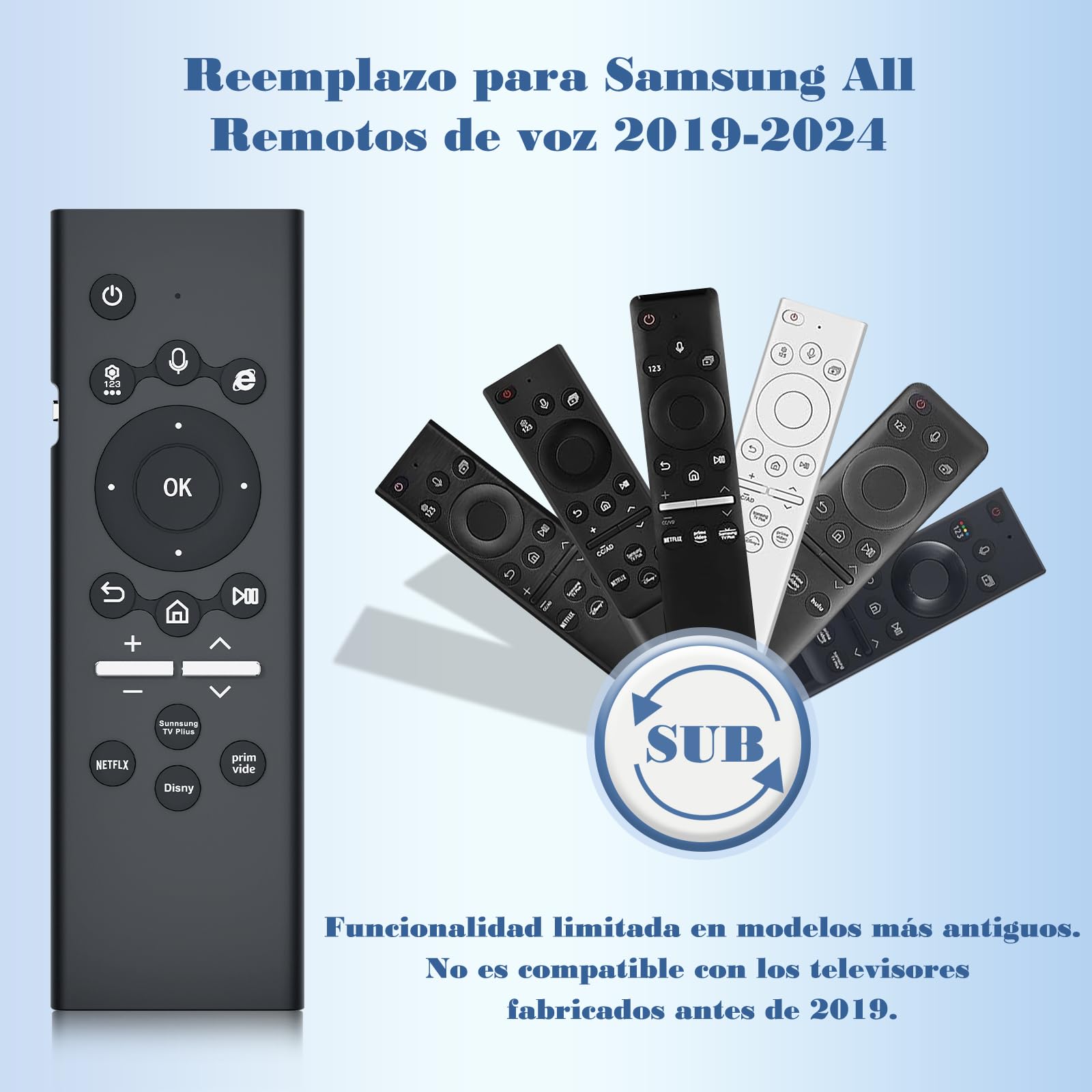 Mando Universal Sustituto para Samsung Smart TV con Teclado Iluminado y Control de Voz - Compatible con Todos los Mandos de Voz para TV Samsung (Series 2019-2024)