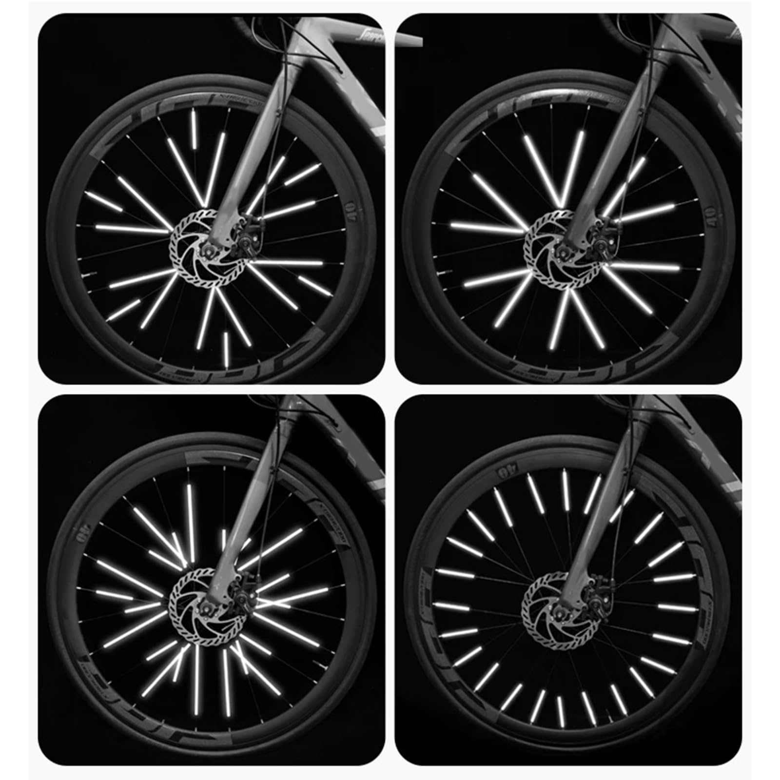 Reflektory rowerowe i odznaki odblaskowe - kolor srebrny - 60 sztuk odblaskowych śledzi przymocowanych do szprych rowerowych i 50 naklejek odblaskowych na kasku i ramie - Miękki materiał