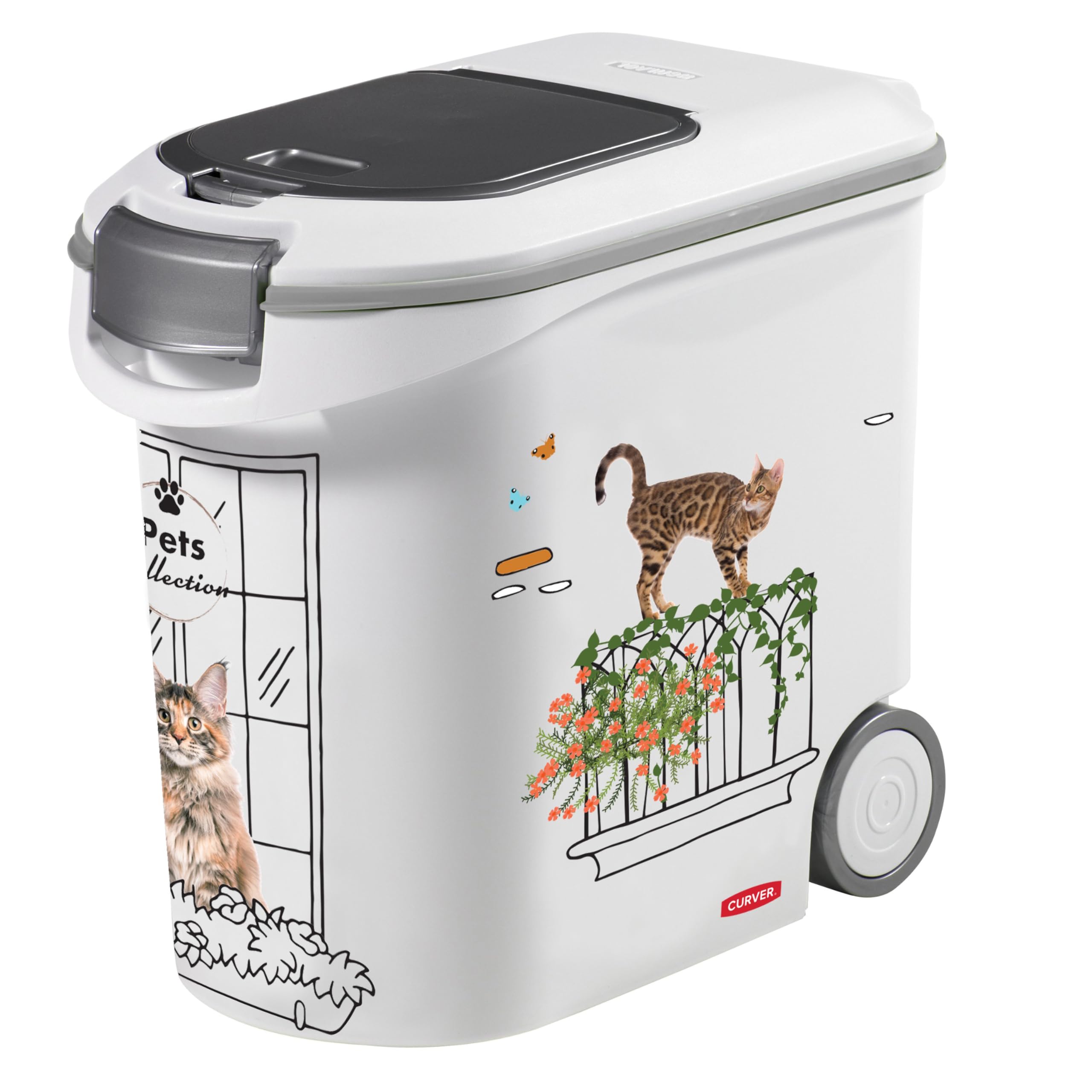 Curver Conteneur à Croquettes Pour Chats - 35L/12KG - Pets Collection - Rangement Hermétique Anti-Odeurs pour Nourriture pour Chats - Conteneur à Roulettes - 28 x 49 x 43 cm