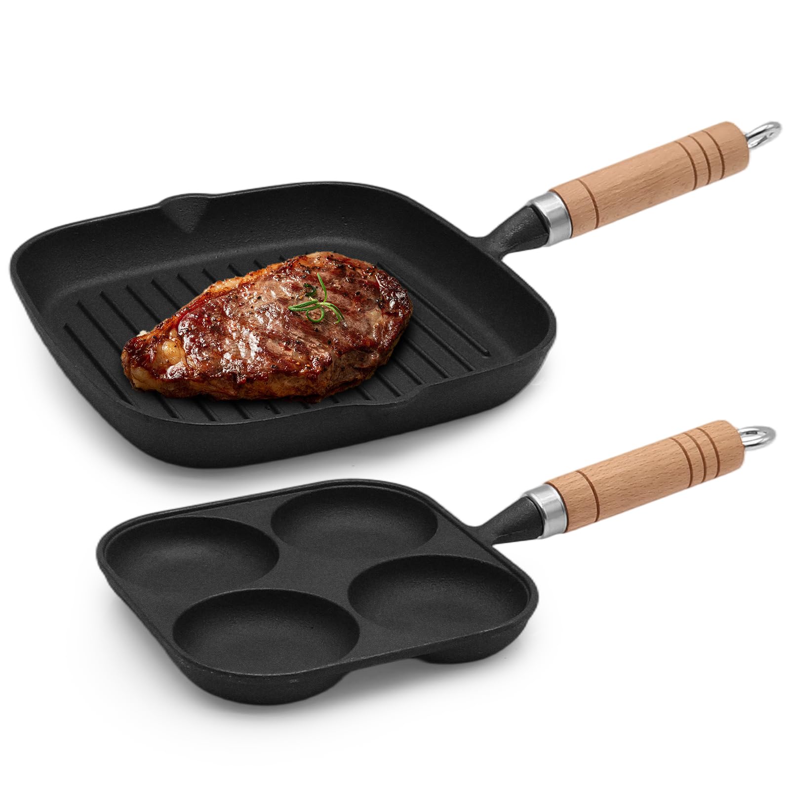 Set 2 Pezzi Padelle in Alluminio Pressofuso: Bistecchiera 23cm + Padella per Uova a 4 Fori, Rivestimento Antiaderente, Manico Removibile, Induzione e Forno