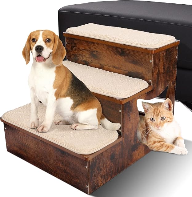 ZNM Wooden Dog Steps, 3 Step Pet Stairs with Cat Holes for Dogs Cats, Cat Ladders with Removable & Washable Flush Mats, Up to 132lbs, 45.6 * 40 * 36 cm