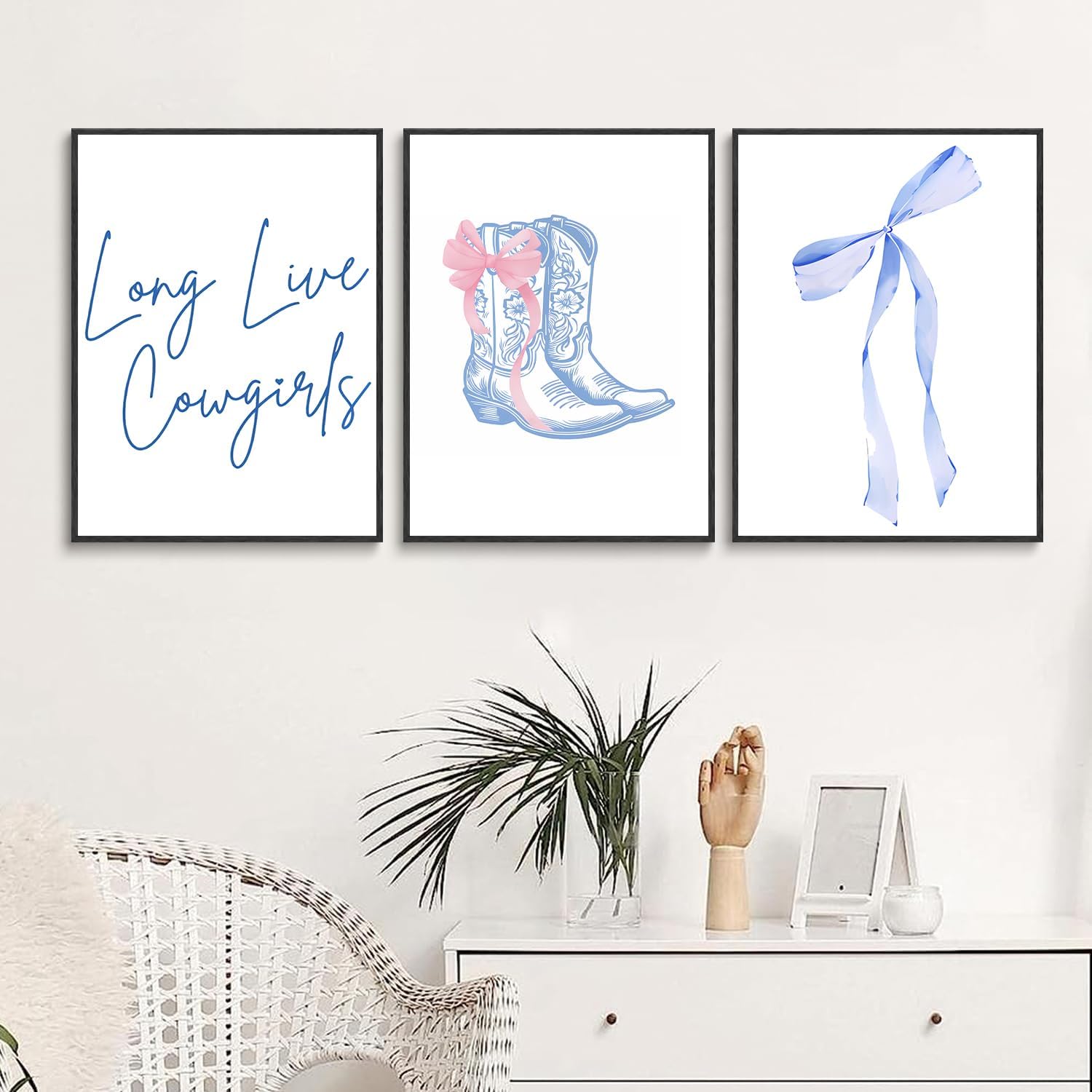 3 Pcs Long Live Cowgirls Wall Art Blue Bows Canvas Wall Decor Trendy Western Cowgirl Boots Preppy Paintings Prints Posters for Preppy Girly Dorm Apartment Bedroom Living Room 16x24in Unframed