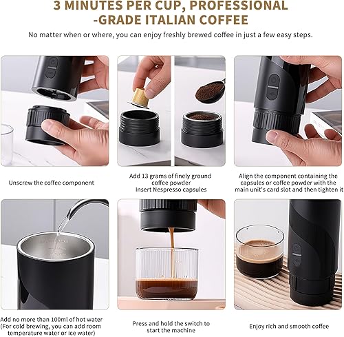 Miniatura 4 de Cafetera portátil, cafetería recargable portátil de viaje con USB-C, 20 bar, cafetera eléctrica para camping y viajes, cafetera de automóvil 3 en 1,
