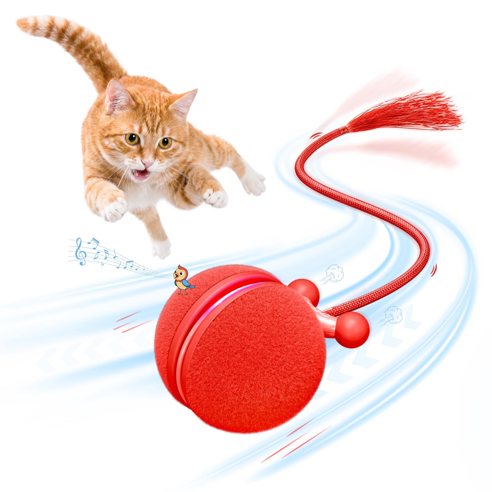 Cheerble Wicked Ball MiniTail, Interactive Cat Ball with Bird Sounds, Red