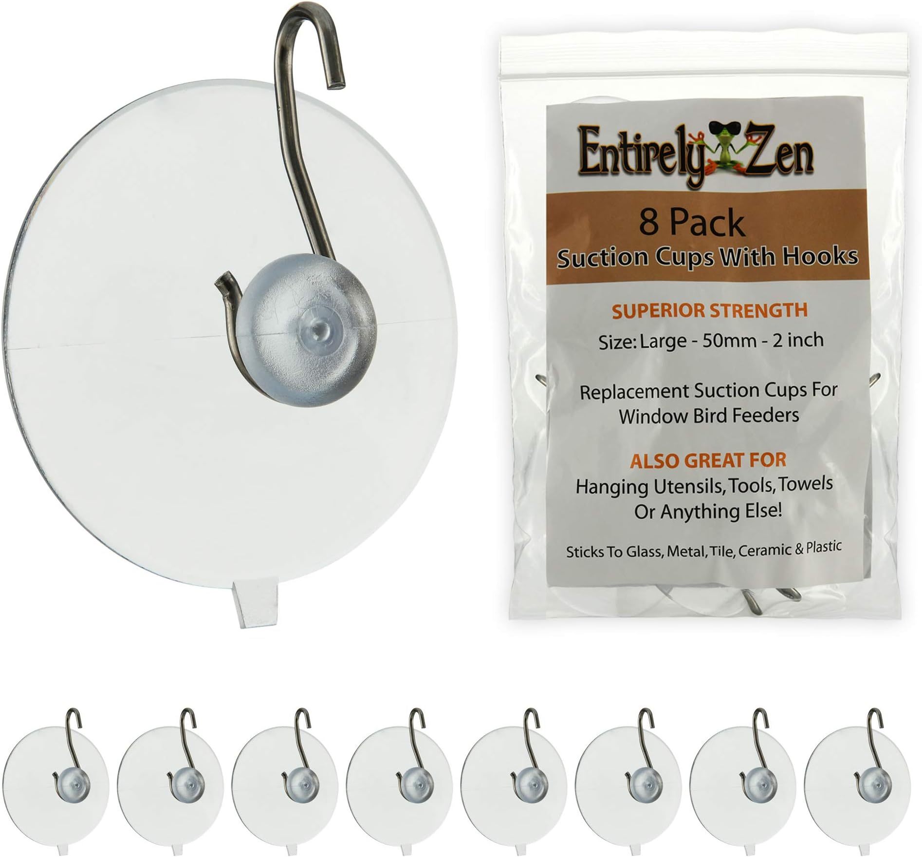 Superior 8pc Suction Cup Hooks - 50mm - 2 inch Heavy Duty Suction Cups Hold up to 5 lbs Each - All Purpose Hooks for Hanging, Window Bird Feeder Replacements, Towel or Shower Caddy Hook