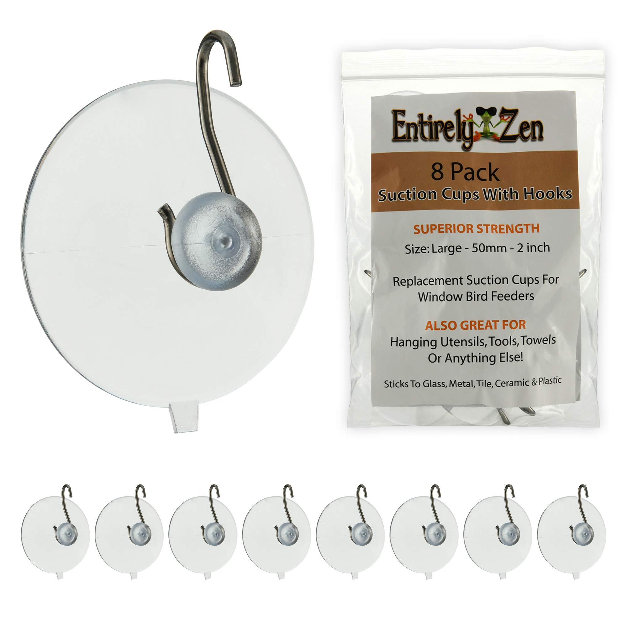 Superior 8pc Suction Cup Hooks - 50mm - 2 inch Heavy Duty Suction Cups Hold up to 5 lbs Each - All Purpose Hooks for Hanging, Window Bird Feeder Replacements, Towel or Shower Caddy Hook