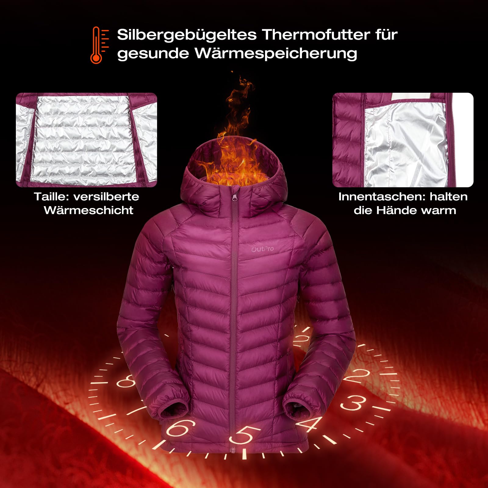 OutPro Daunenjacke Damen Leichte Packbare Übergangsjacke Warme Winterjacke mit Kapuze Outdoor für Frauen Warmes Polythermal-Futter mit Taschen für Freizeit Wandern Reisen