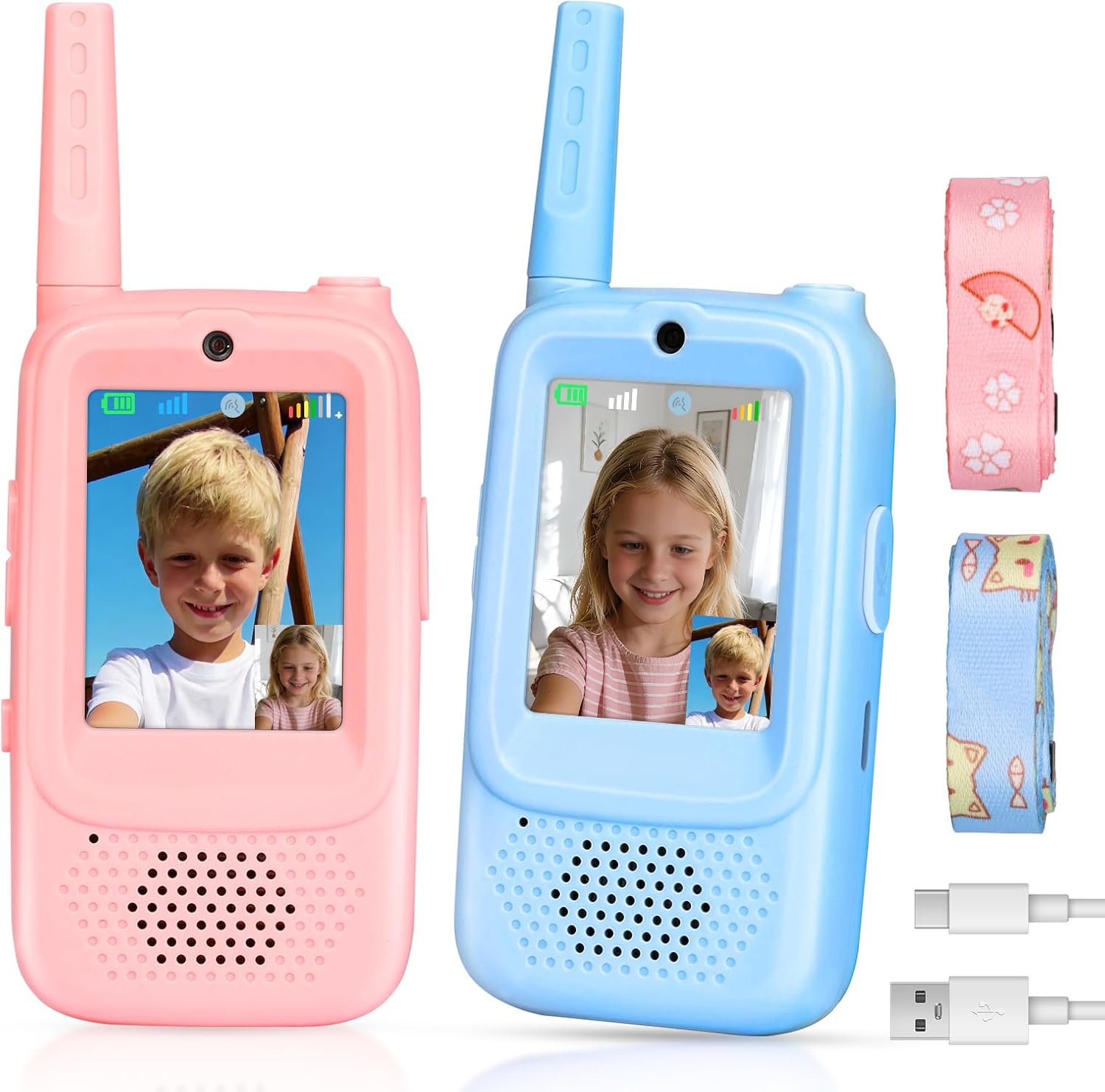 Walkie Talkies for Kids 2 Pack, Rechargeable Video Walkie Talkies with HD Camera & Voice Changer, Long Range Call Toys for Outside, Hiking, Gifts for Boys/Girls Ages 3-12 (Blue/Pink)