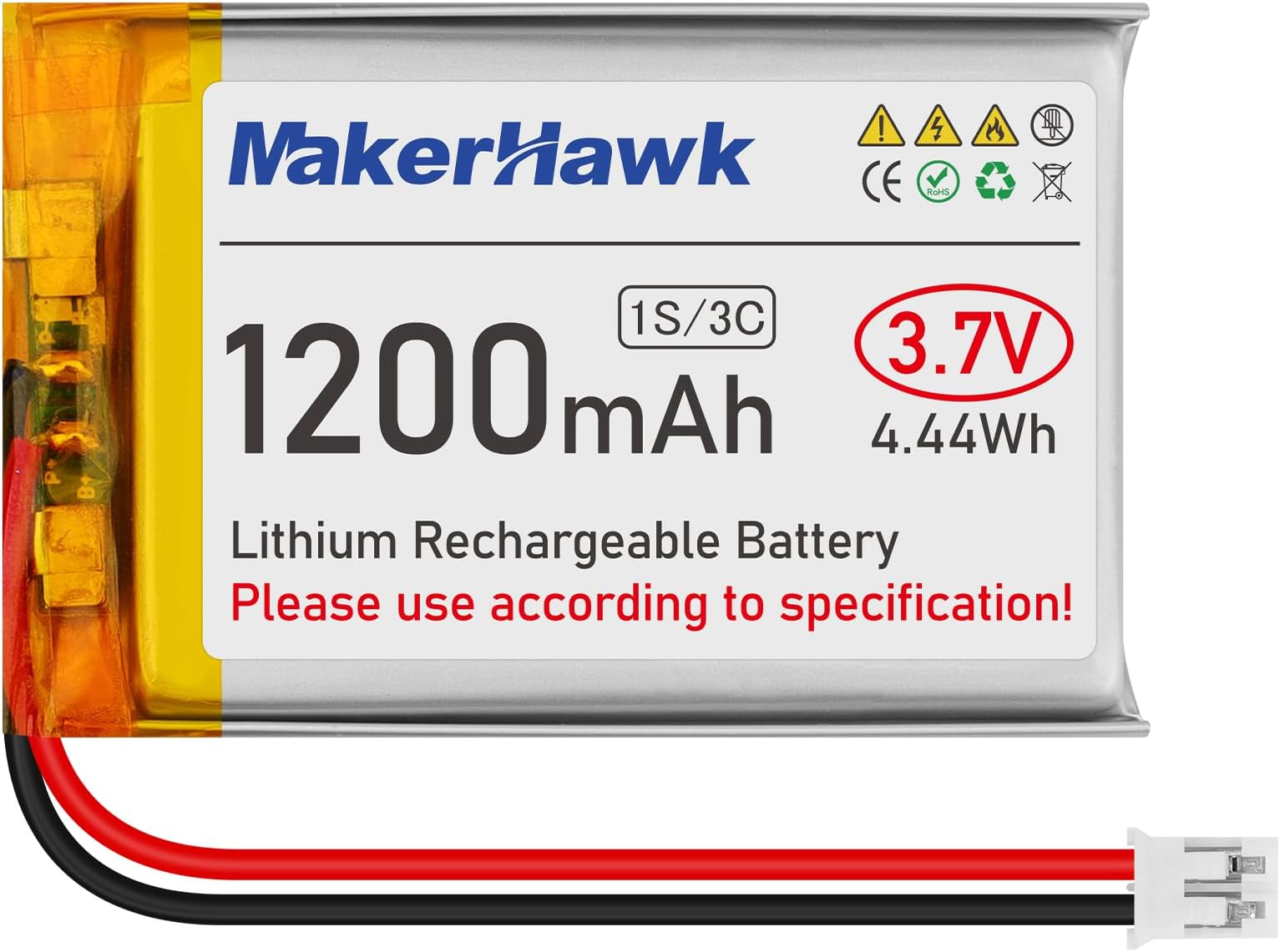 MakerHawk 3.7V 1200mAh LiPo Battery Rechargeable 1S 3C 603450 Lithium Polymer Battery with Dual Battery Protection Board, Micro JST2.0 Plug for IoT PDA Camera GPS Smart Development(1 Pack)