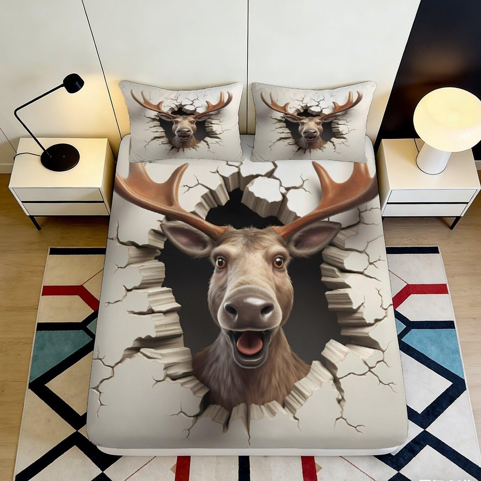 Uxinyoume Style-5 3D Printed Cracked Wall Deer Fitted Sheet Microfiber Bedroom Decor Antler Mattress Cover For Home Guest Room 90X200x25cm