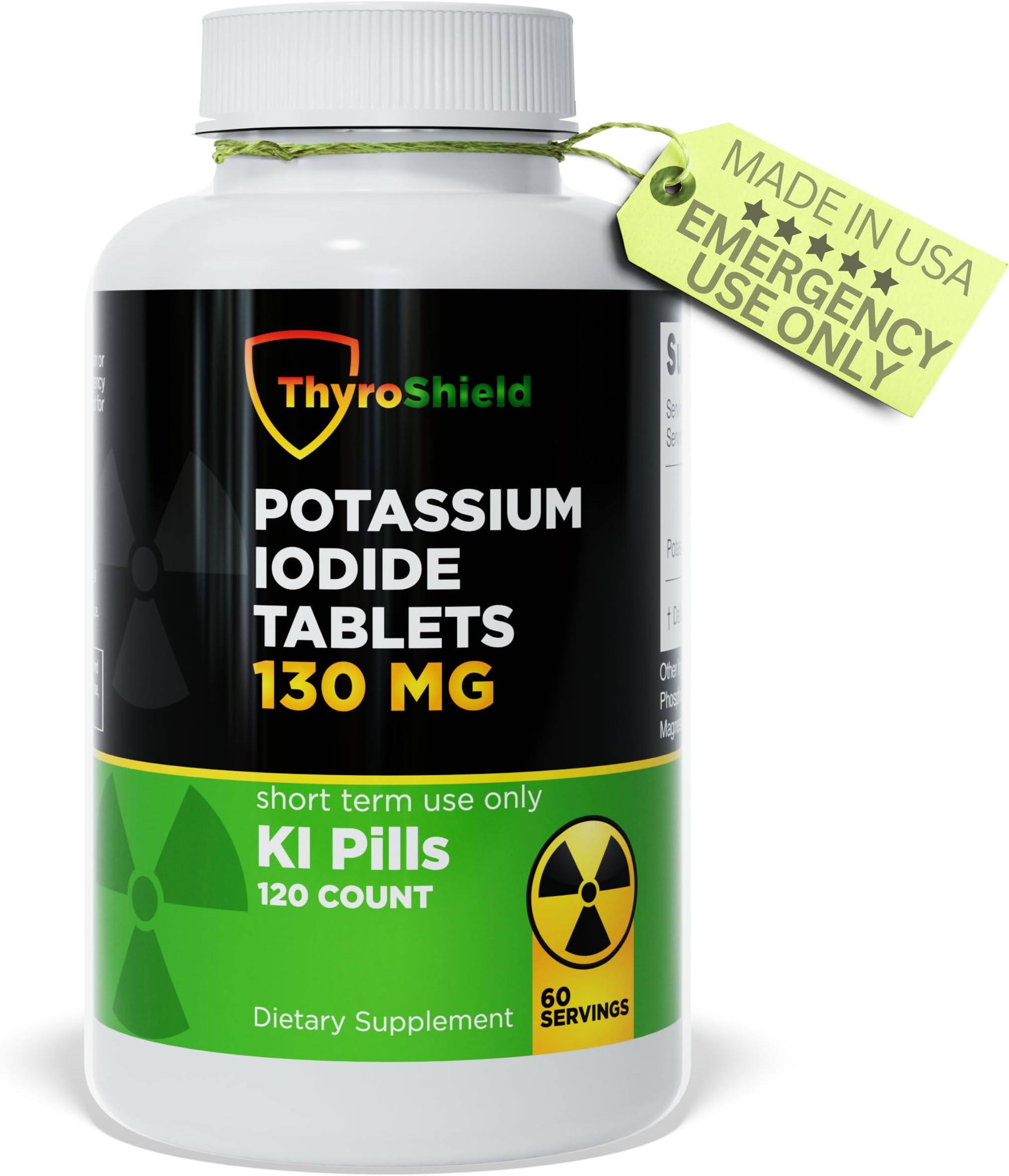 Potassium Iodide Tablets 130 mg | 120ct KI Tablets - Nuclear Radiation Protection - Potassium Iodine Pills - YODO Naciente - KI Pills - USA - ThyroShield