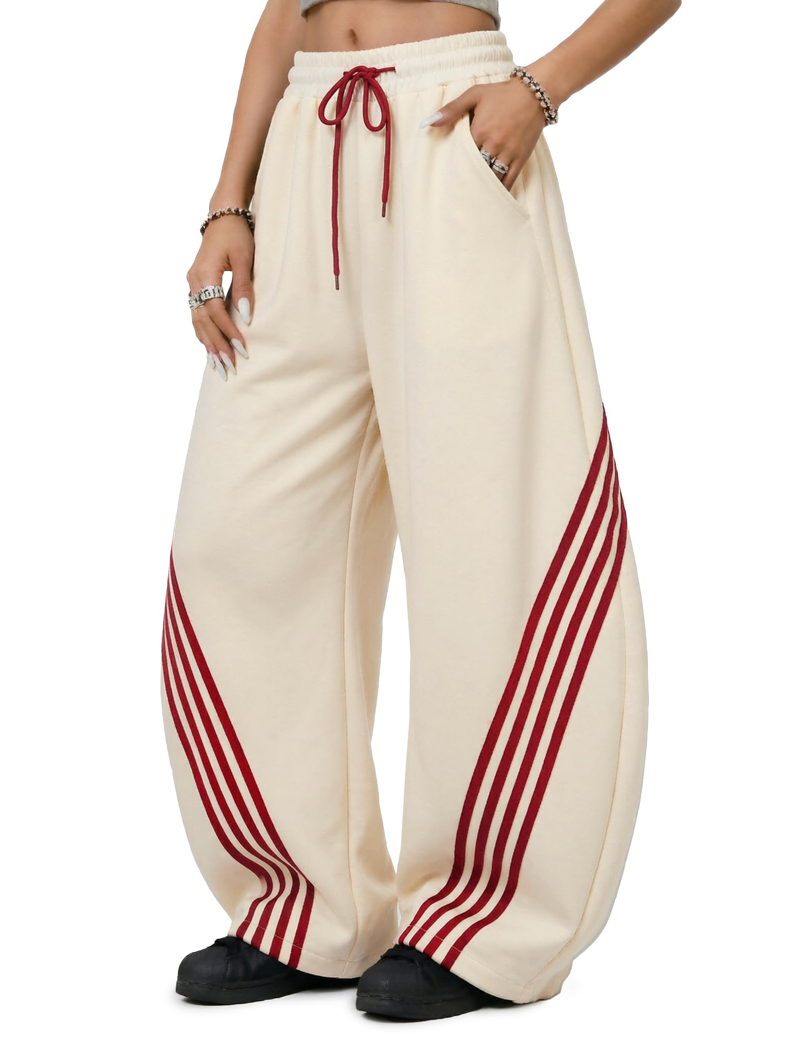 EMMIOL Women’s Y2K Baggy Barrel Striped Sweatpants High Waisted Wide Leg