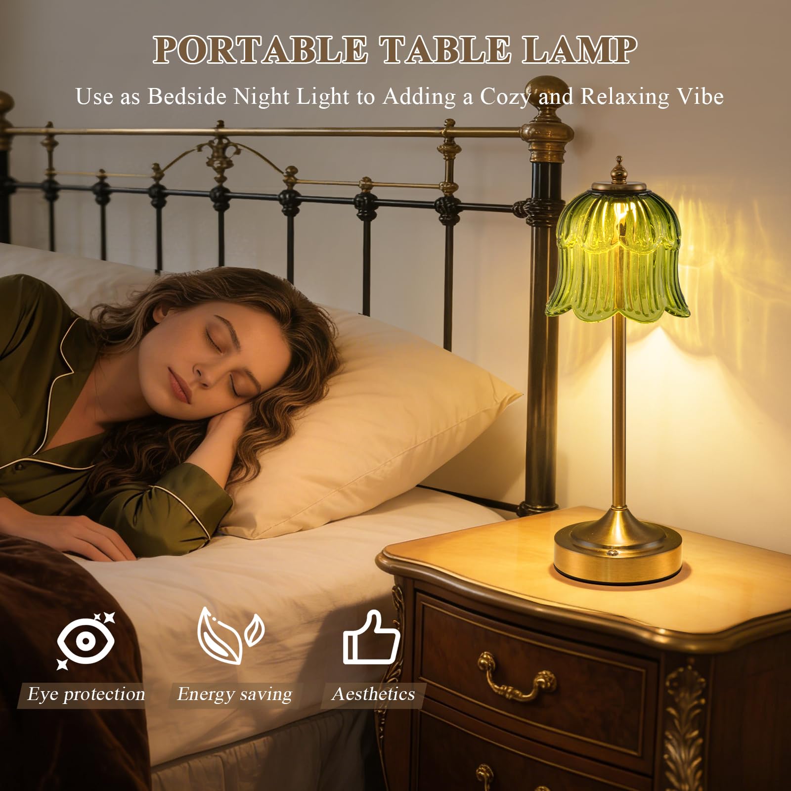 Retro Rose Tischlampe Kabellos, Wiederaufladbar mit 6000mAh Akku, 3 Farbtemperaturen Dimmbar, Tragbare LED-Tischlampe für Esszimmer, Schlafzimmer,Bartheke(Smaragdgrün)