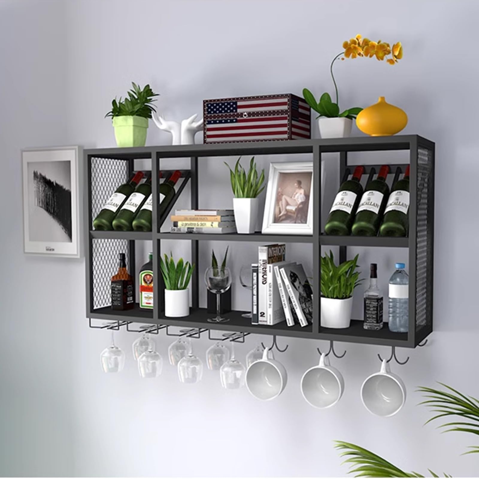 Botellero Pared Vino Botellero de Hierro, Botellero Lacado Simple Multifuncional, Botellero Vino Metal con Portavasos Colgante para Cocina Hogar Bar(White,120 * 25 * 60cm)