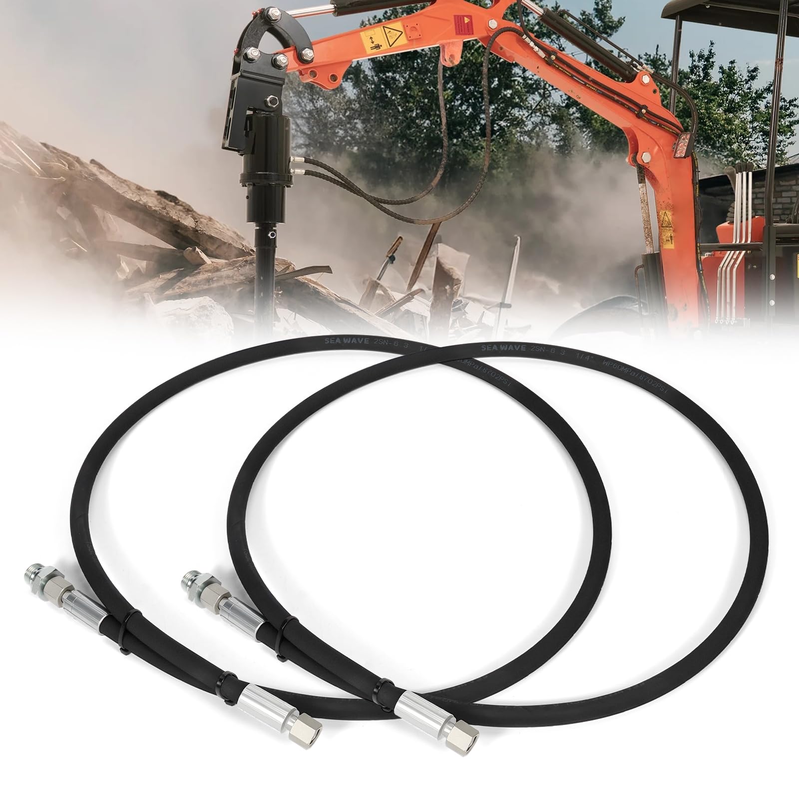 VORGENS 2Pcs 1/4'' x 5Ft Auger Drill Hydraulic Hose with M14*1.5 Female & M18*1.5 Female Excavator Fittings, Fit for 1.8 Ton Mini Excavator Auger