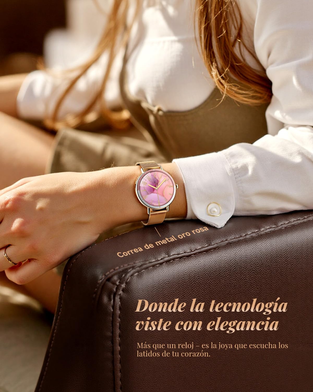 TOOBUR Reloj Inteligente Mujer, 40mm Smartwatch Redondo, IP68, Oro Rosa | Reloj Deportivo Que Cuenta Pasos y Calorías, Compatible con Android e iOS, Responder y Realizar Llamadas, Dos Correas