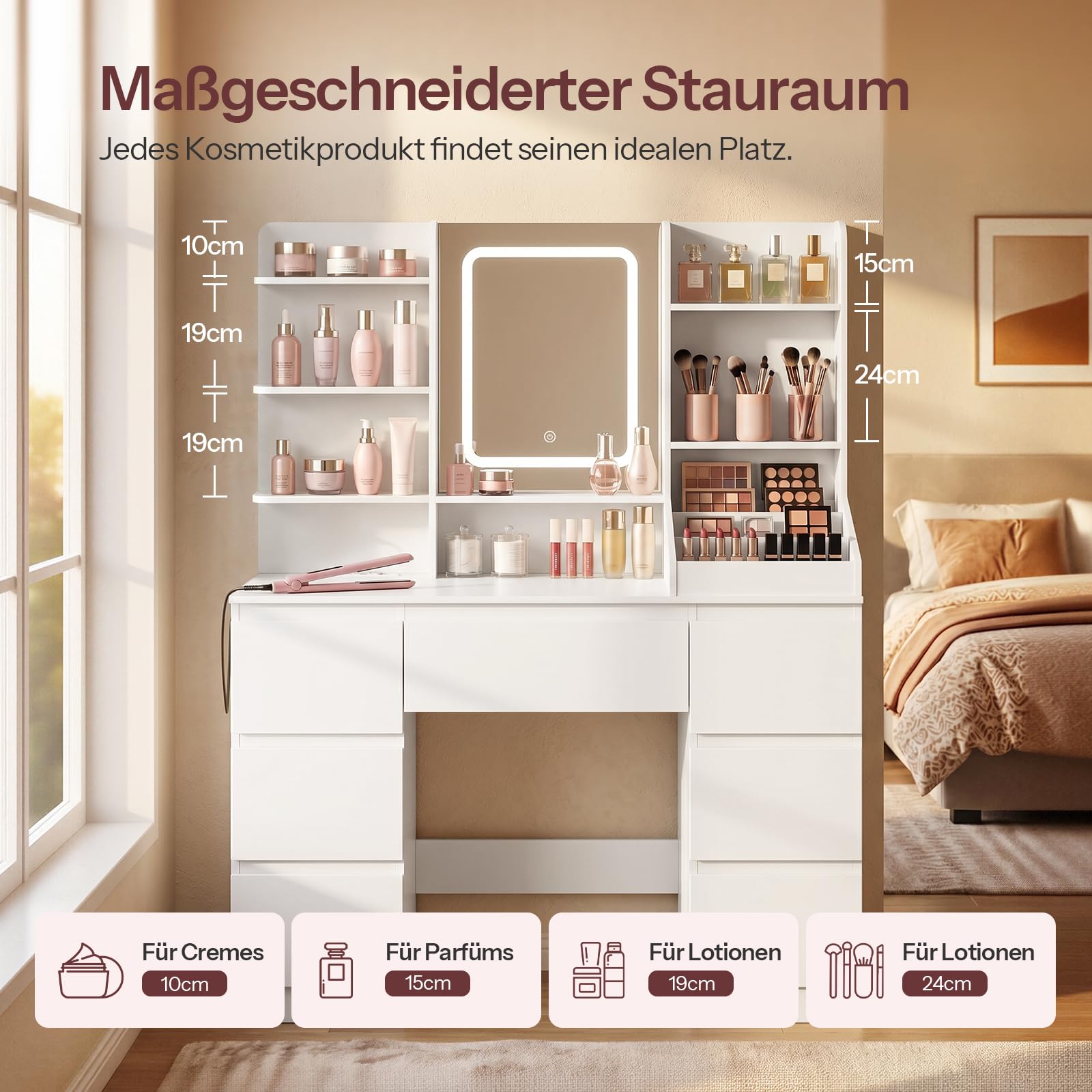 HOOBRO Schminktisch mit Ladestation (2X Steckdose, 1x USB-A, 1x Typ C), Schminktisch mit LED-Licht, 7 Schubladen, 5 offenen Fächern, inkl. Spiegel, für Schlafzimmer, Ankleidezimmer, Weiß