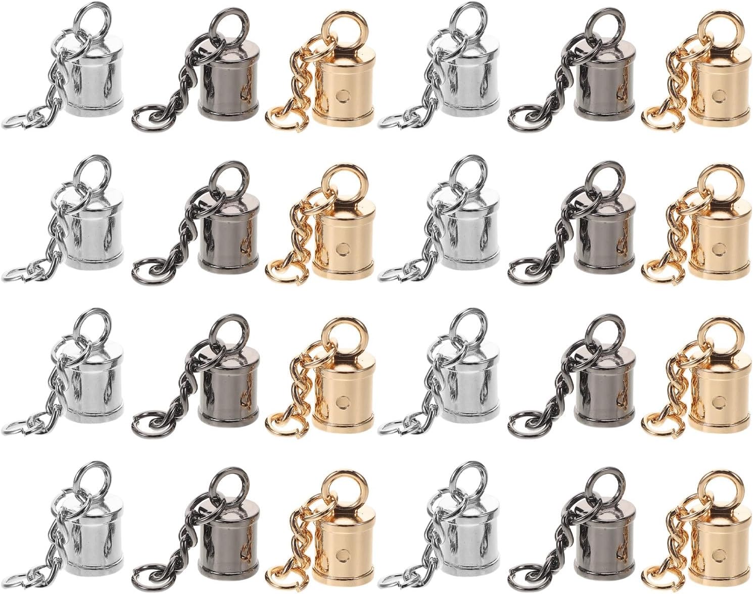 24pcs Jewelry Cord End Caps and Buckle Tips for Tassel DIY Craft, Round Metal Crimp Ends in Light Gold, Silver, and Gun Black for Necklace, Bracelet, and Purse Decoration