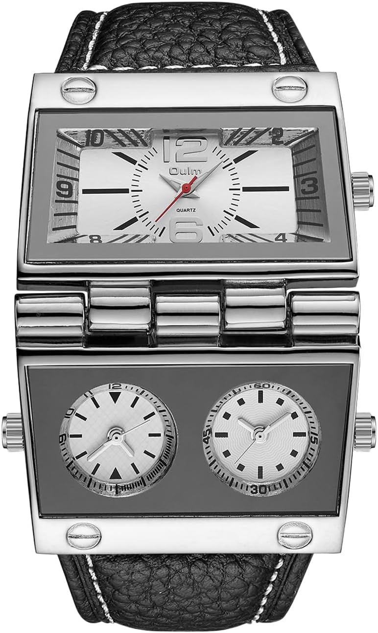 Square Rectangle Leather Watch: Multi-Time Zone Large Dial Leather Strap Watches Analog Quartz Casual Wristwatch for Men