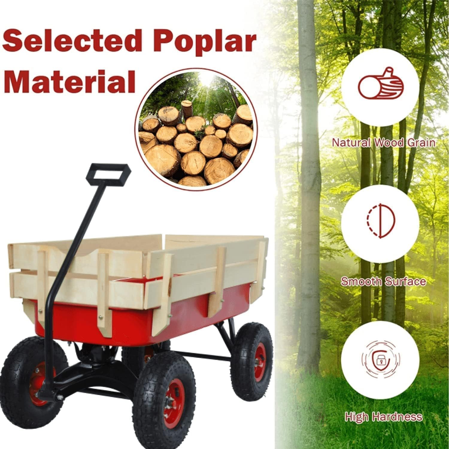 All-Terrain Foldable Wagon | Removable Wooden Side Panels & Steel Bed | Air Tires | Versatile Hauler for Picnics, Garden Activities, Christmas, Various Holidays, Gatherings & Meals | Red