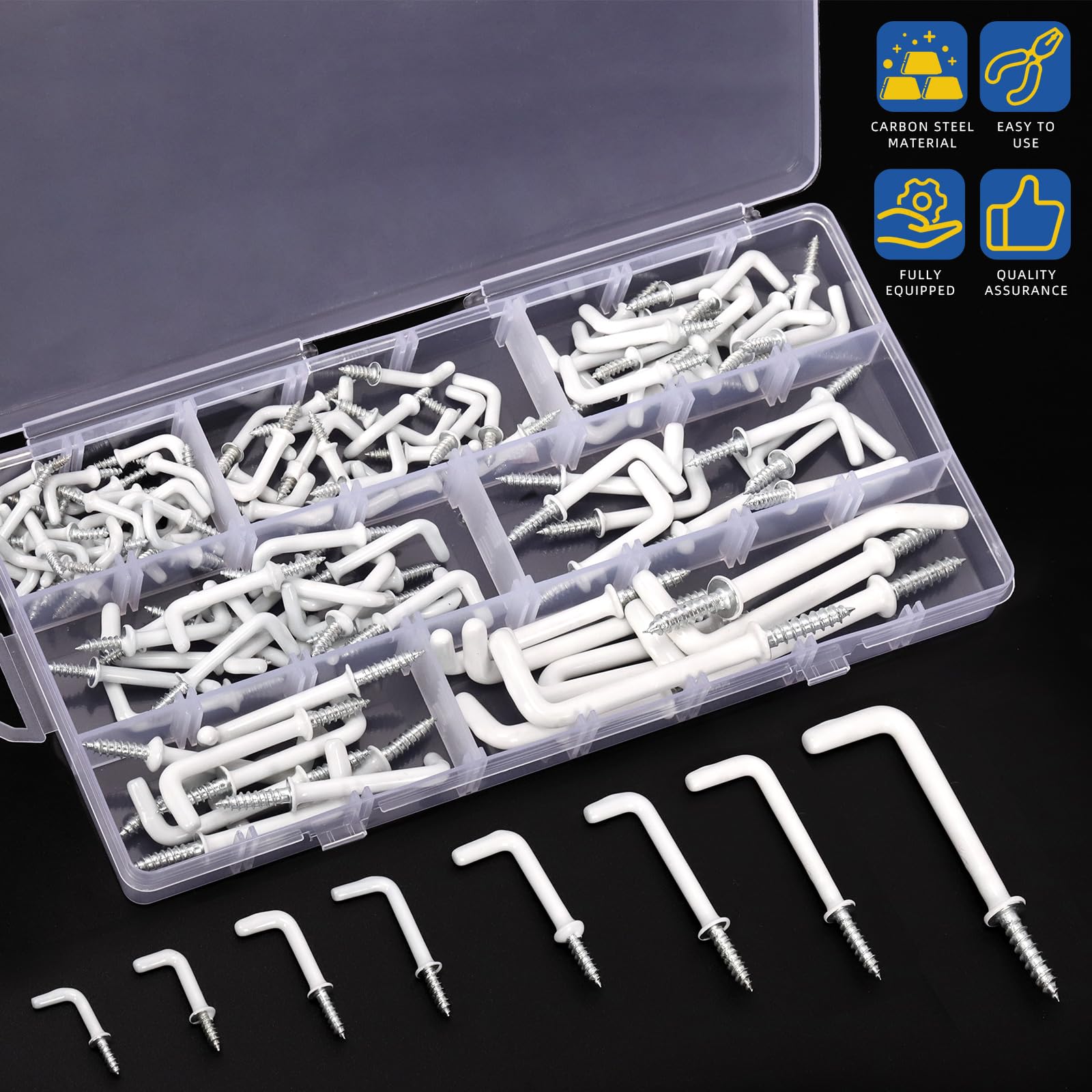 Swpeet 125-teiliges Schraubhaken Set 7 Größen - Quadratisch Gebogene L-Haken Blau-Weiß