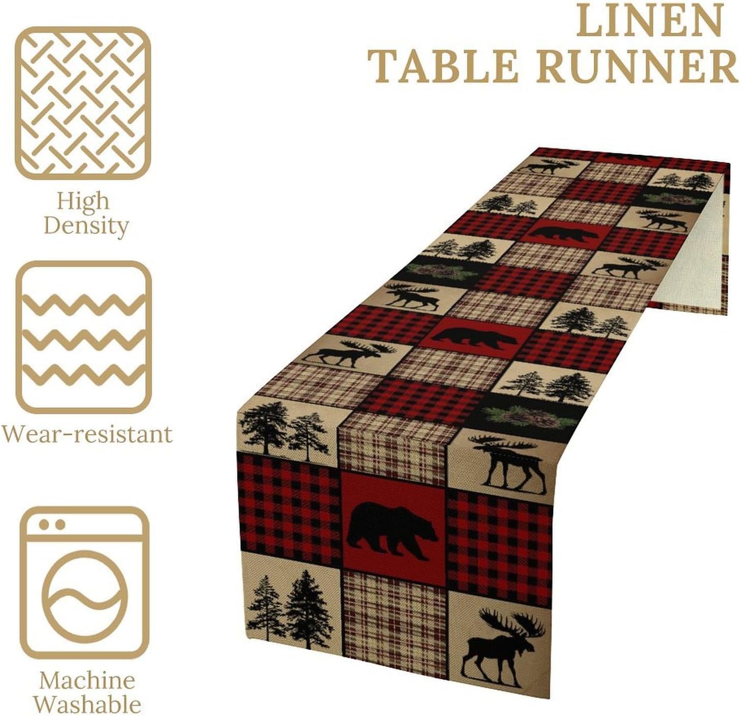 Rustic Lodge Cabin Table Runner, Vintage Red Black Plaid Wildlife Bear Deer Animal Hunting Kitchen Dinning Table Runners for Indoor Outdoor Home Wedding Party Holiday Decor, 13x108 Inch