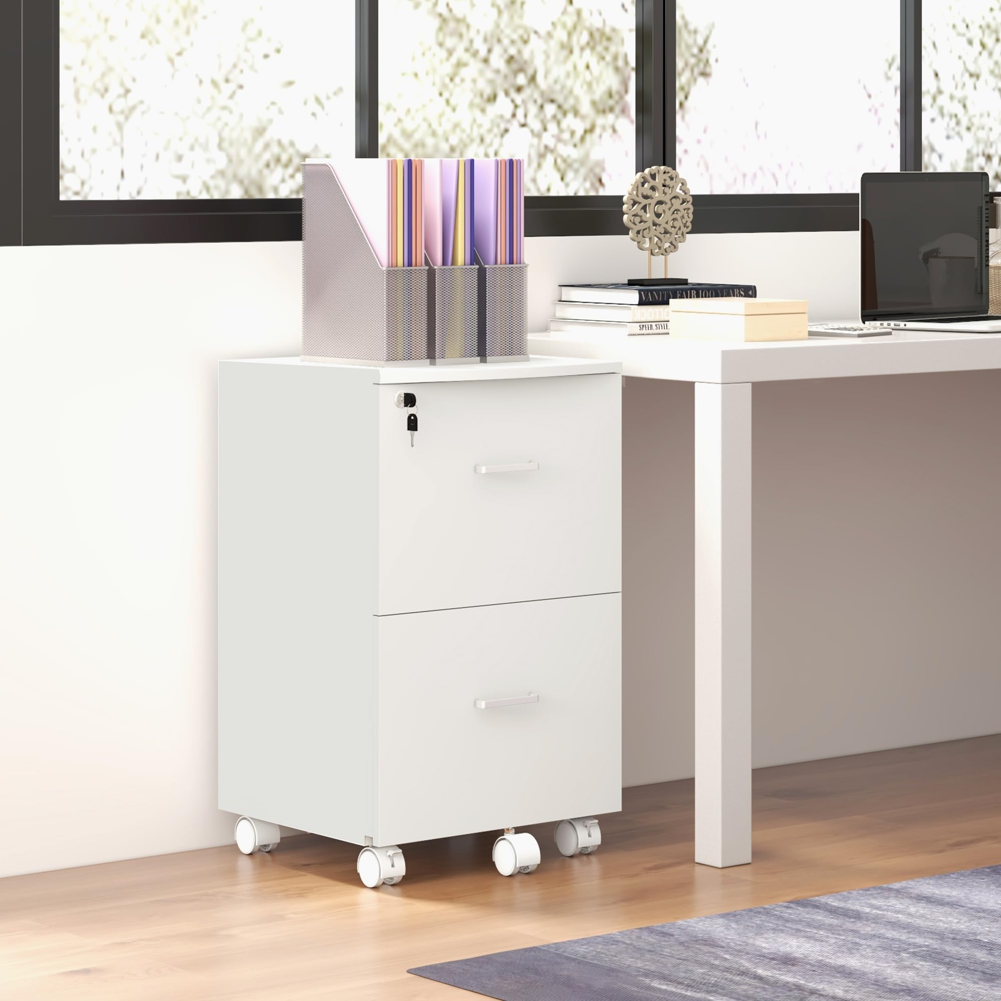 Vinsetto Armadietto da Ufficio e Studio con 2 Cassetti Bloccabili, 5 Ruote e Piano d'Appoggio, Schedario in MDF e Truciolato, 43x45x72cm, Bianco