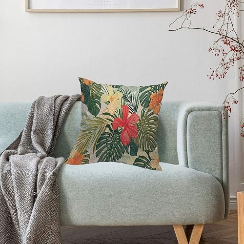 Miniatura 4 de HOSNYE Funda de cojín de flores de hibisco, coloridas plantas tropicales hawaianas, hojas de palmera, algodón y lino para sofá, cama, sofá,