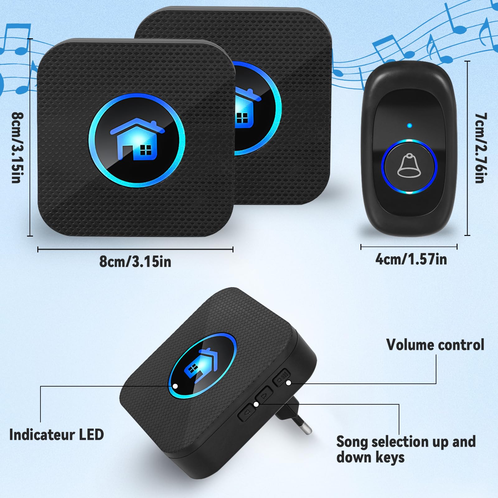 Wireless Doorbell, Bell Butt, IP65 Wodoodporne drzwi z 2 odbiornikami wtycznymi, regulowaną głośnością, 5 poziomów głośności, 55 melodii, zakresu 400 m, czarny