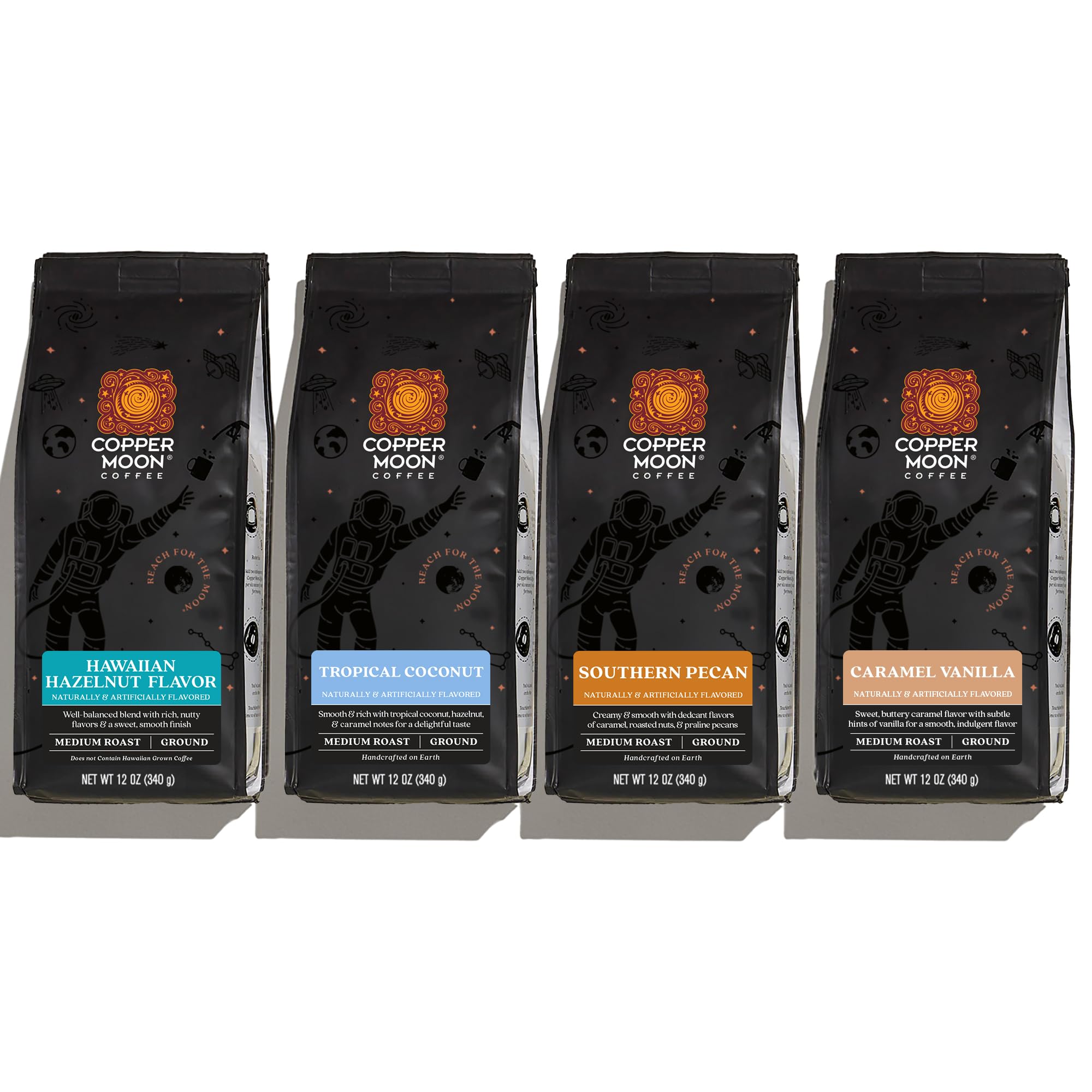 Copper Moon Ground Coffee, Medium Roast, Flavored Variety Pack, 12 Oz (Pack of 4)