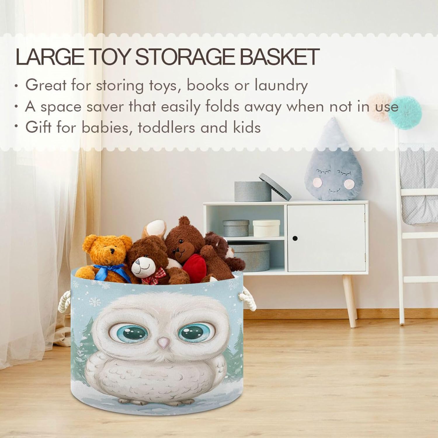 senya Winter Basket Storage, Owl Sitting in The Snow Storage Bin Box Laundry Hamper Organizer Bag with Handles for Clothes
