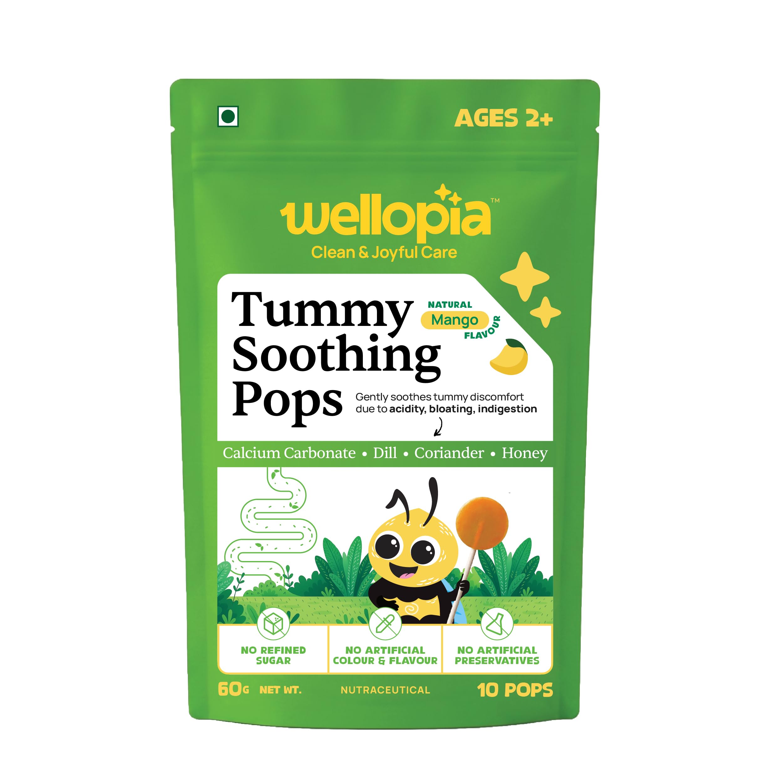 Tummy Soothing Pops for Kids (Ages 2+) | Mango Flavor Digestive Pops with Calcium Carbonate, Dill, Coriander & Honey | Helps Support Relief from Acidity, Bloating & Indigestion | No Refined Sugar | 10 Pops (60g)-image-36