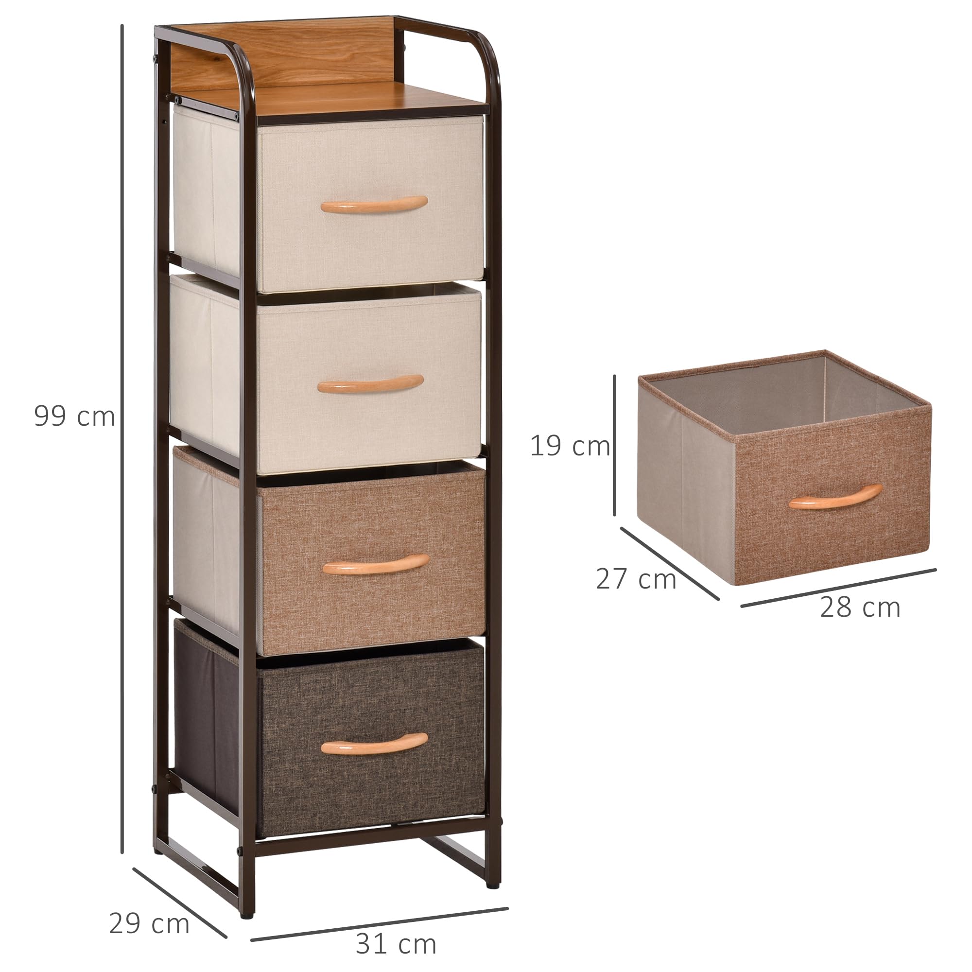 HOMCOM Cassettiera in Tessuto Slim Salvaspazio con 4 Cassetti Pieghevoli, Mobile con Cassetti Compatto in Metallo per Camera da Letto, Soggiorno, 31x29x99 cm, Multicolore