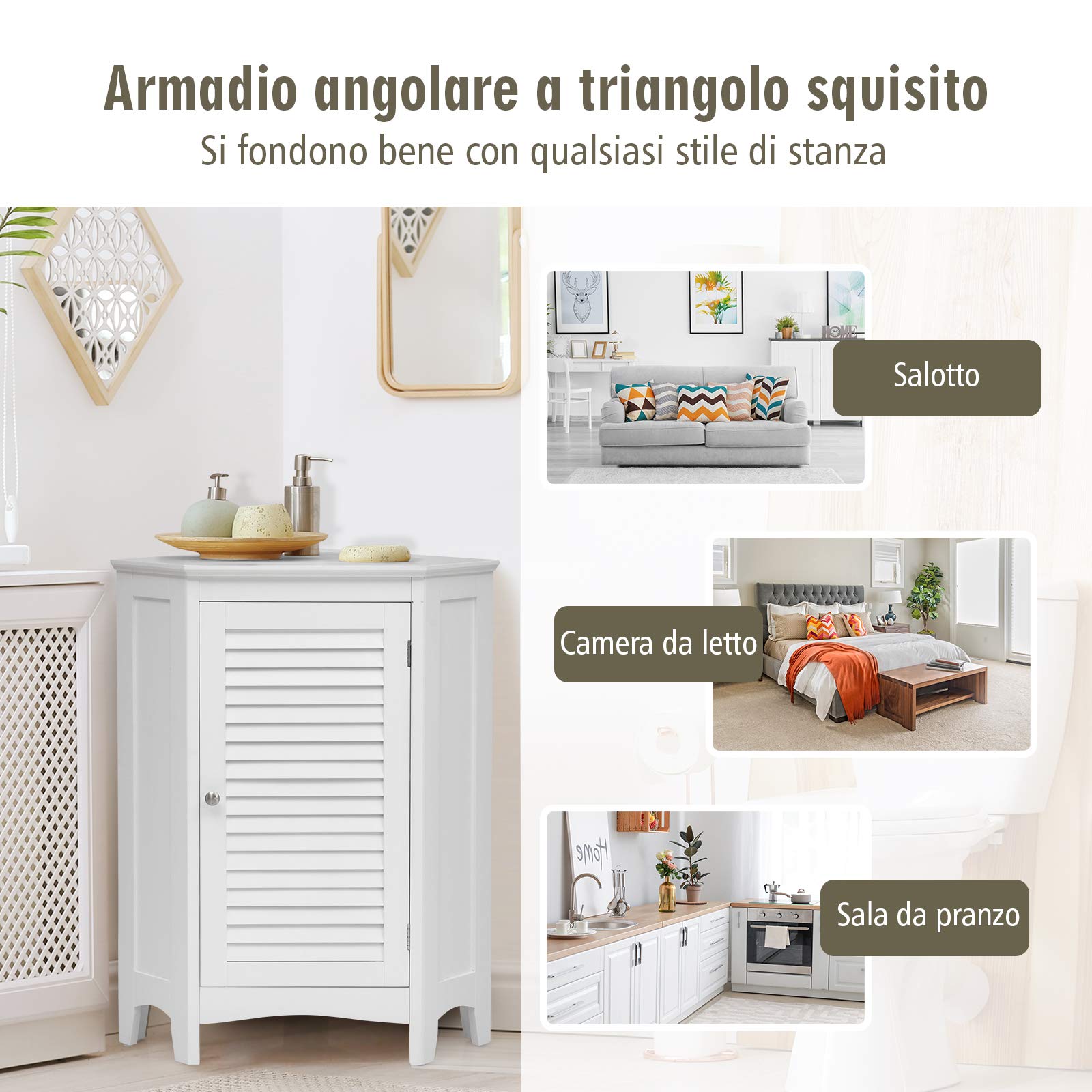 Mobiletto Salvaspazio COSTWAY Per Bagno Angolare Stretto Con Porta E Ripiani Regolabili, Portacarta Igienica Bianco, Per Soggiorno, Cucina, Ingresso