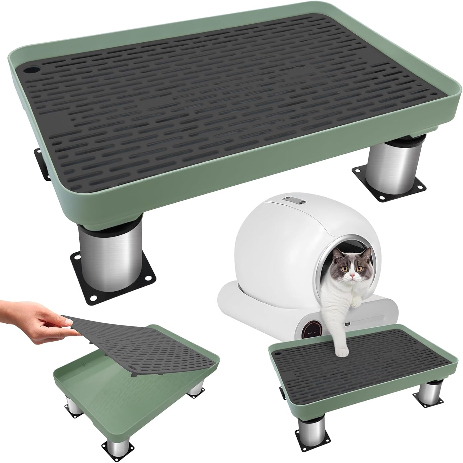 Adjustable Cat Ramp for Litter Box, Catcan Detachable Elevated Litter Box Steps with Sand Filter Function Non-Slip Tray for Small & Elderly Cats(14.7”x10”x2”)