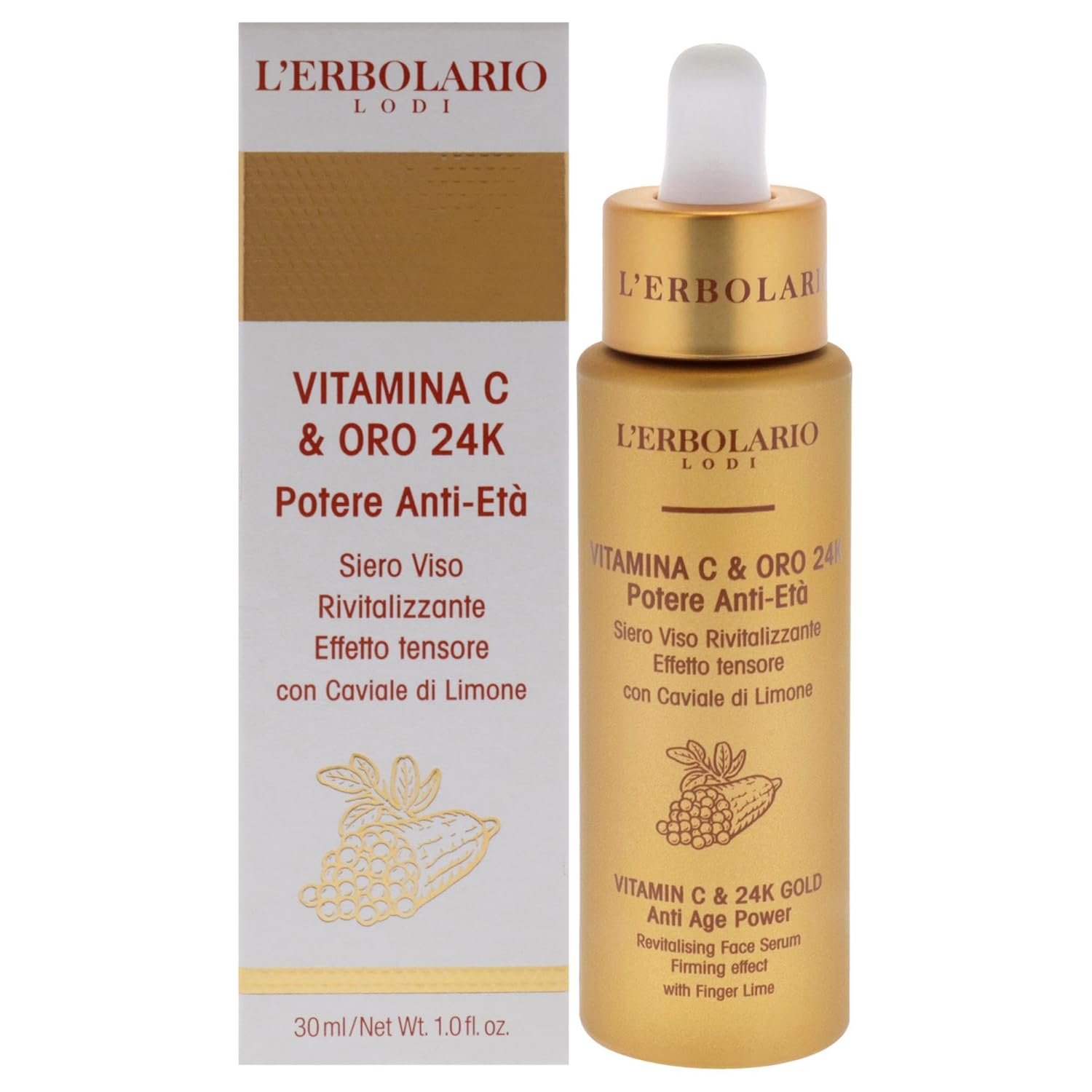 L'Erbolario Vitamin C and 24K Gold Face Serum – Anti-Aging Revitalizing and Hydrating Serum for Face - Smooth, Silky Finish - 1 oz