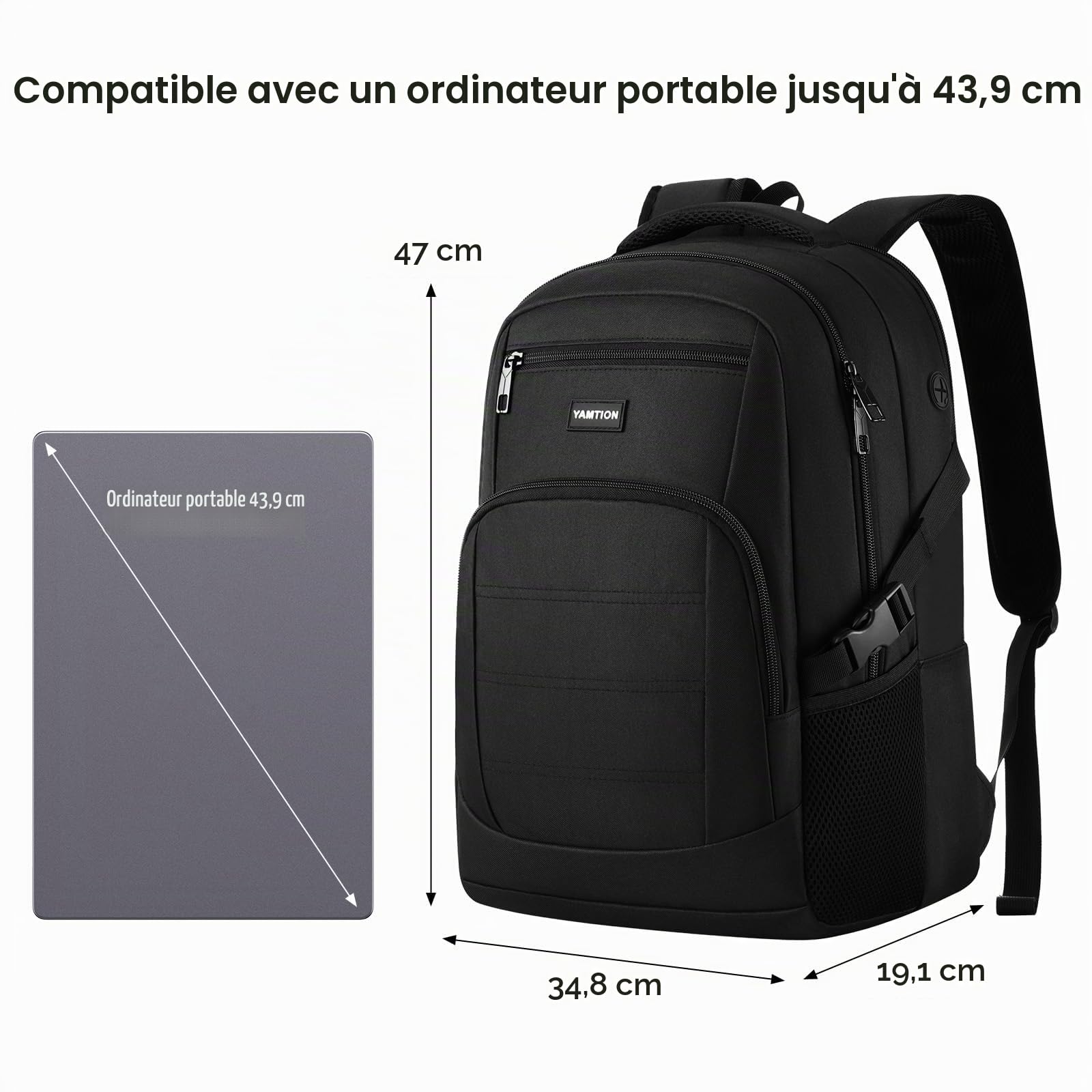 YAMTION Sac à Dos Homme, Sac à Dos Ordinateur Portable 17.3 Pouces, Sac à Dos PC Portable pour Loisir, Scolaire, Affaire
