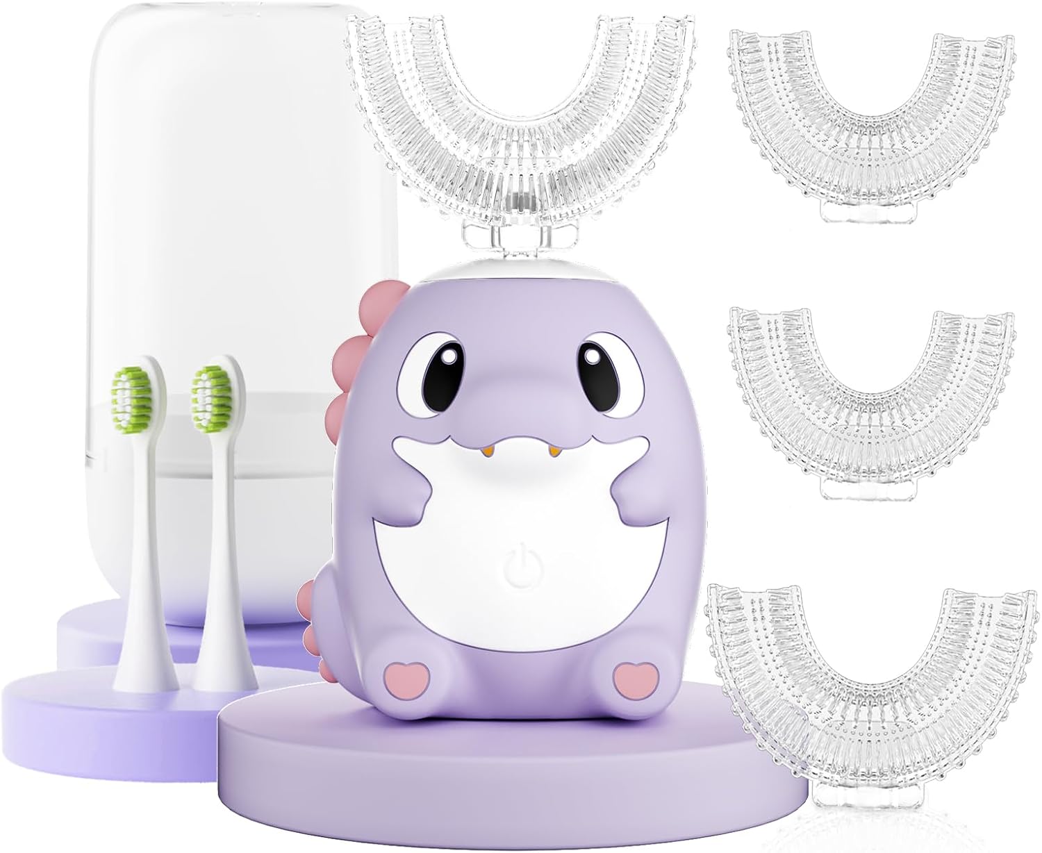 Kids Electric U Shaped Toothbrush,Kids Dinosaur Sonic Automatic Toothbrush with 6 Soft Brush Head 6 Cleaning Modes Full Mouth 360° Cleaning - Age2-15 Purple