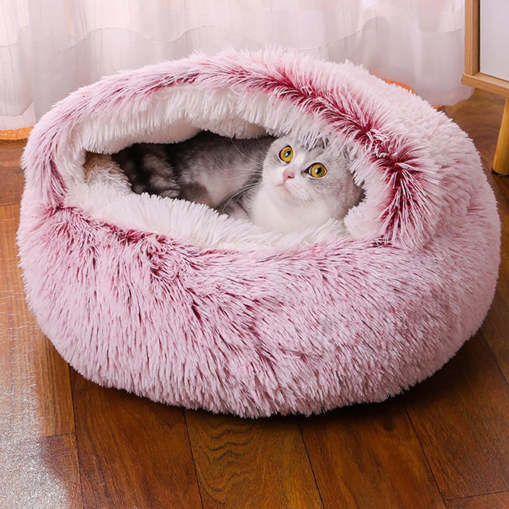 Hundebett Flauschig, Halbgeschlossene Katzenbett, Donut Kissen, Waschbar, Langer Plüsch, Donutbett für Hunde und Katzen, Hundekissen mit Extra Dicker Füllung (Rosa,XL-70cm/27.6in)