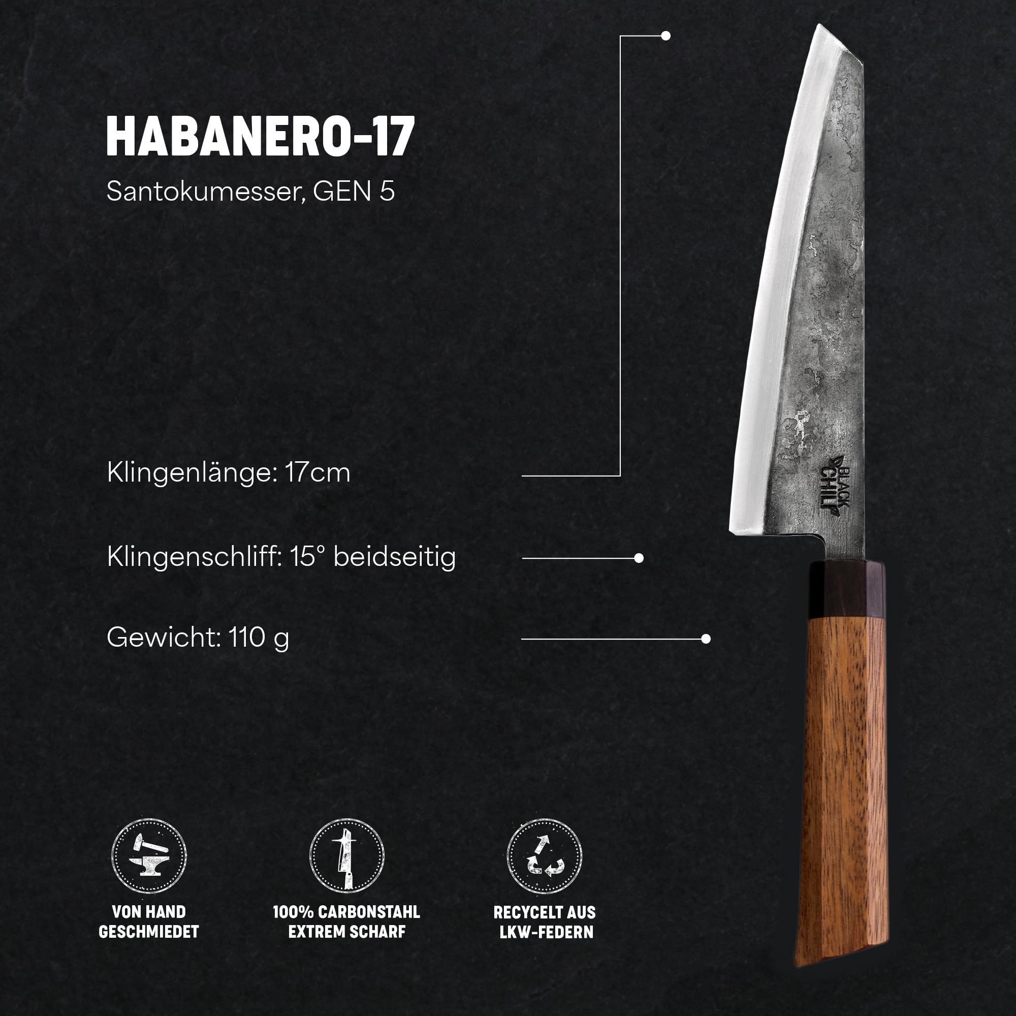 Santoku Messer | Griff: Eisenholz | 17 cm Carbonstahl Klinge | Extrem scharf und langlebig | Kochmesser für Fisch, Fleisch & Gemüse | Gemüsemesser & Allzweckmesser | HABANERO-17