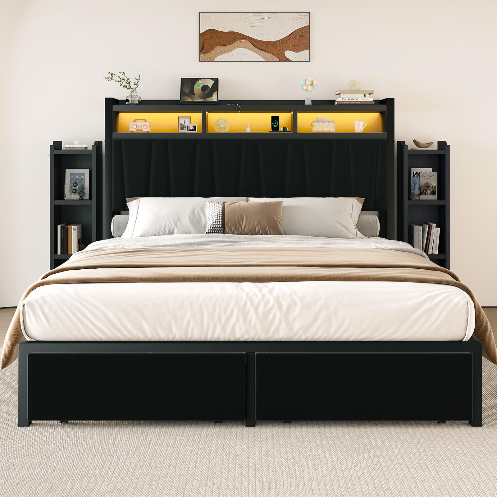 king size led bed frame with upholstered headboard, 2 storage cabinets & 2 drawers, platform bed with charging station, no box spring needed, easy assembly, black box1/2