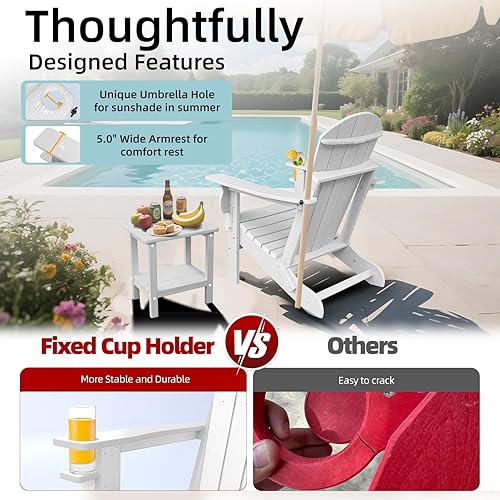 Miniatura 4 de Juego de 2 sillas plegables Adirondack de plástico HDPE con soporte para tazas y agujero para paraguas, sillas de exterior con textura de madera
