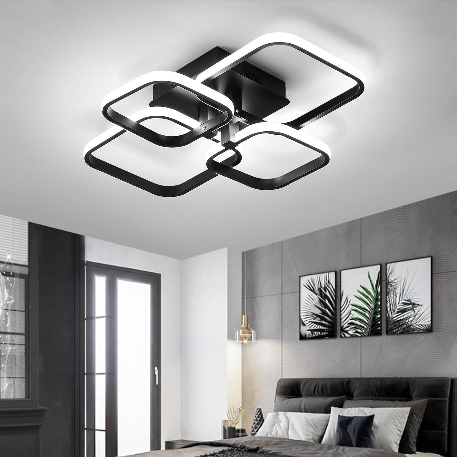 Comely Plafoniera LED, 60W 6750LM Lampada da Soffitto LED, Nero 4 Luce Lampadario Moderno per Soggiorno Camera da Letto Cucina Sala Pranzo, Salotto, Bianca Fredda 6500K
