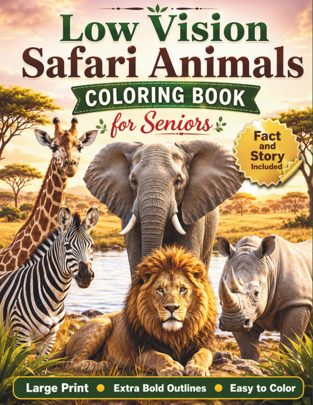 Low Vision Safari Animals Coloring Book for Seniors: 50 Extra Bold Large Print Safari Animal Designs with High Contrast Lines and Easy-to-Color Pages ... Stress Relief, and Senior-Friendly Fun