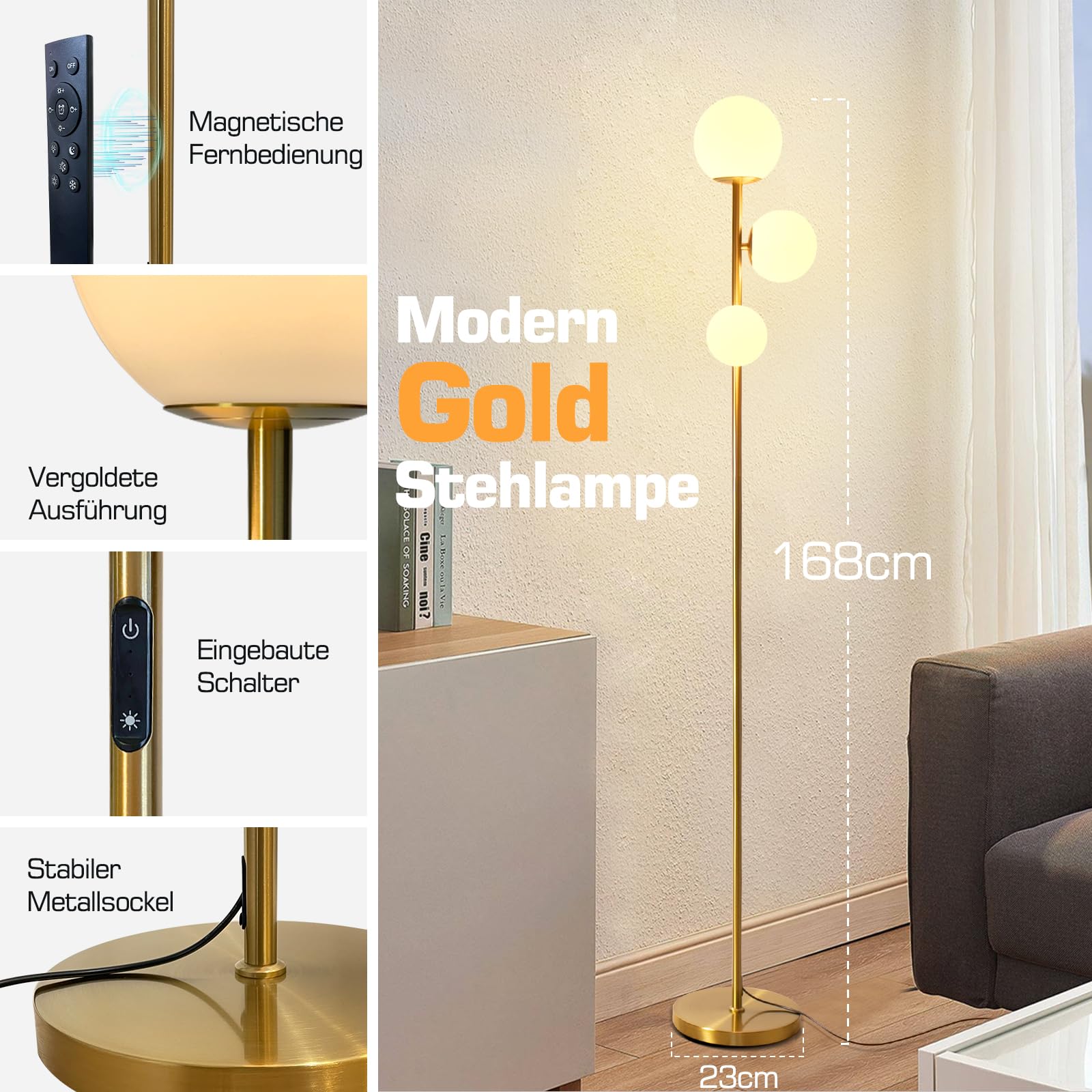LED Stehlampe 168cm Gold – 3 Rundlichte, dimmbar, Fernbedienung | 168cm Stehlampe Gold | 3 Rundlichte | Dimmbar + Fernbedienung | Farbtemperatur einstellbar | Timer | Wohnzimmer, Büro, Flur
