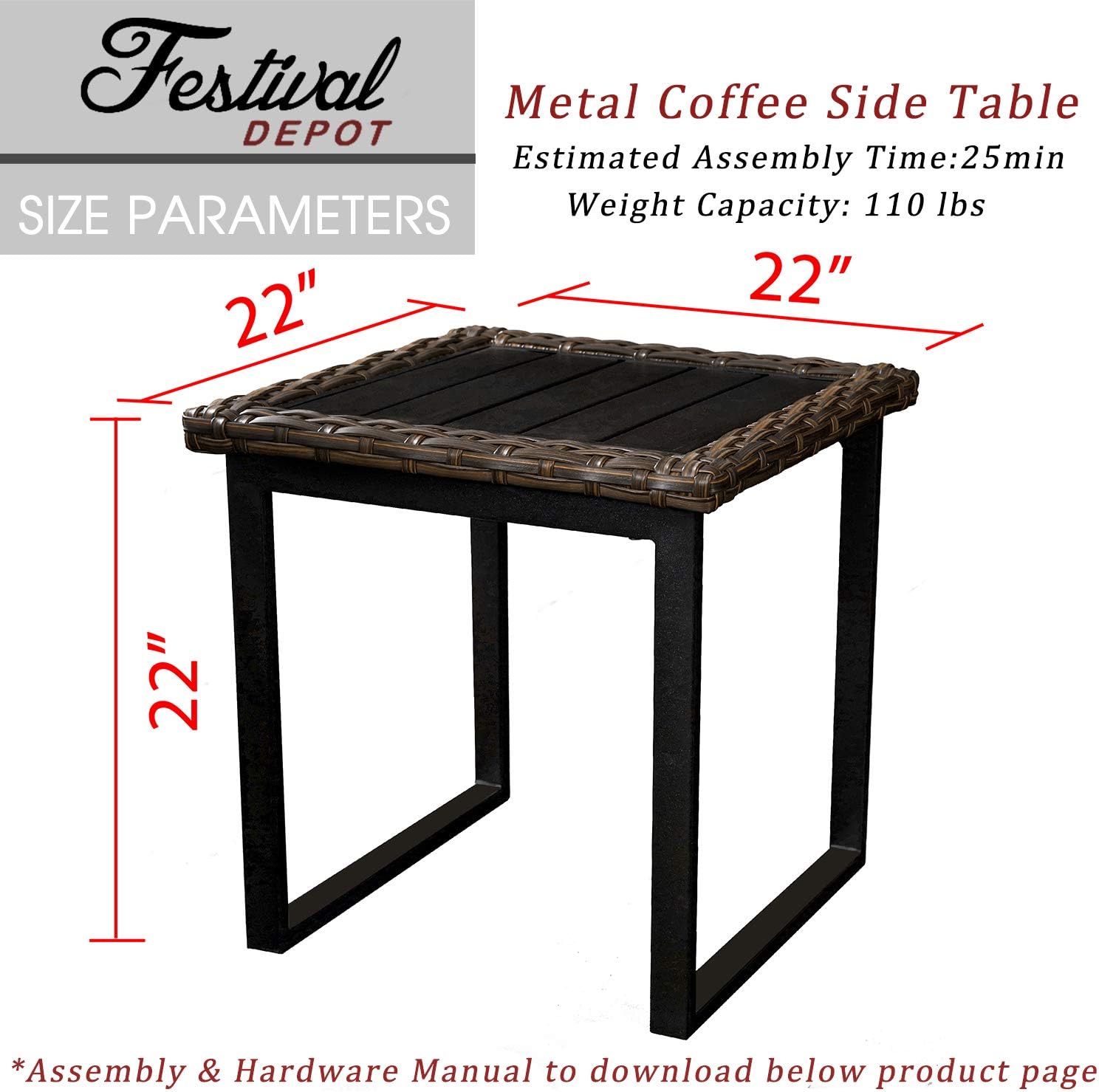 Festival Depot 22” Patio Side Table Metal Bistro Table with Wicker Edge and Slatted Steel Top All Weather Outdoor Furniture for Porch Deck (Square)