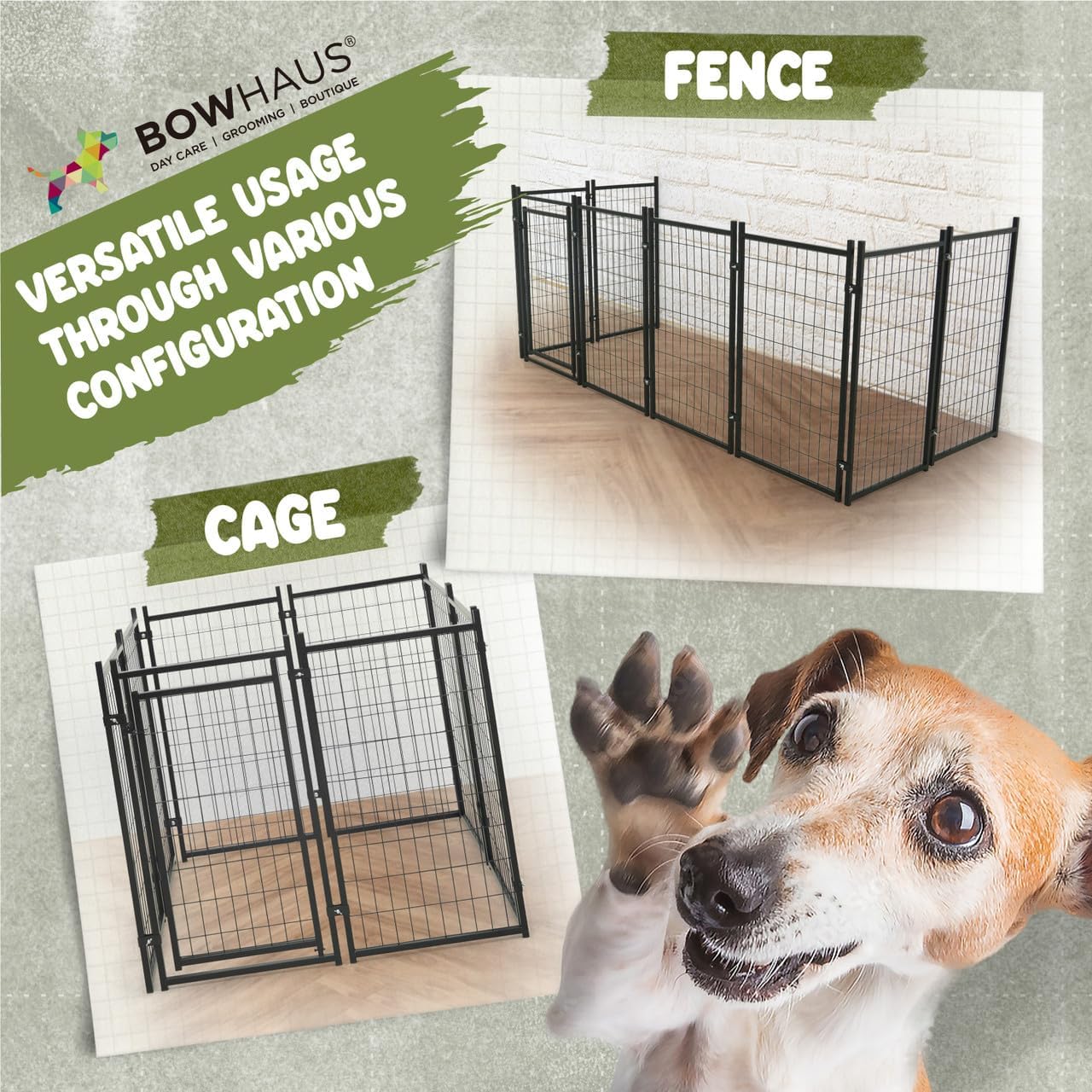 BOWHAUS 47.2” Heavy Duty Outdoor Dog Kennel w/Removable Grey Canopy Roof, Outside Dog Run with Water-Resistant & Anti-UV Roof, Ground Stakes, Steel Frame Playpen for Indoor, Outdoor, Home, Backyard