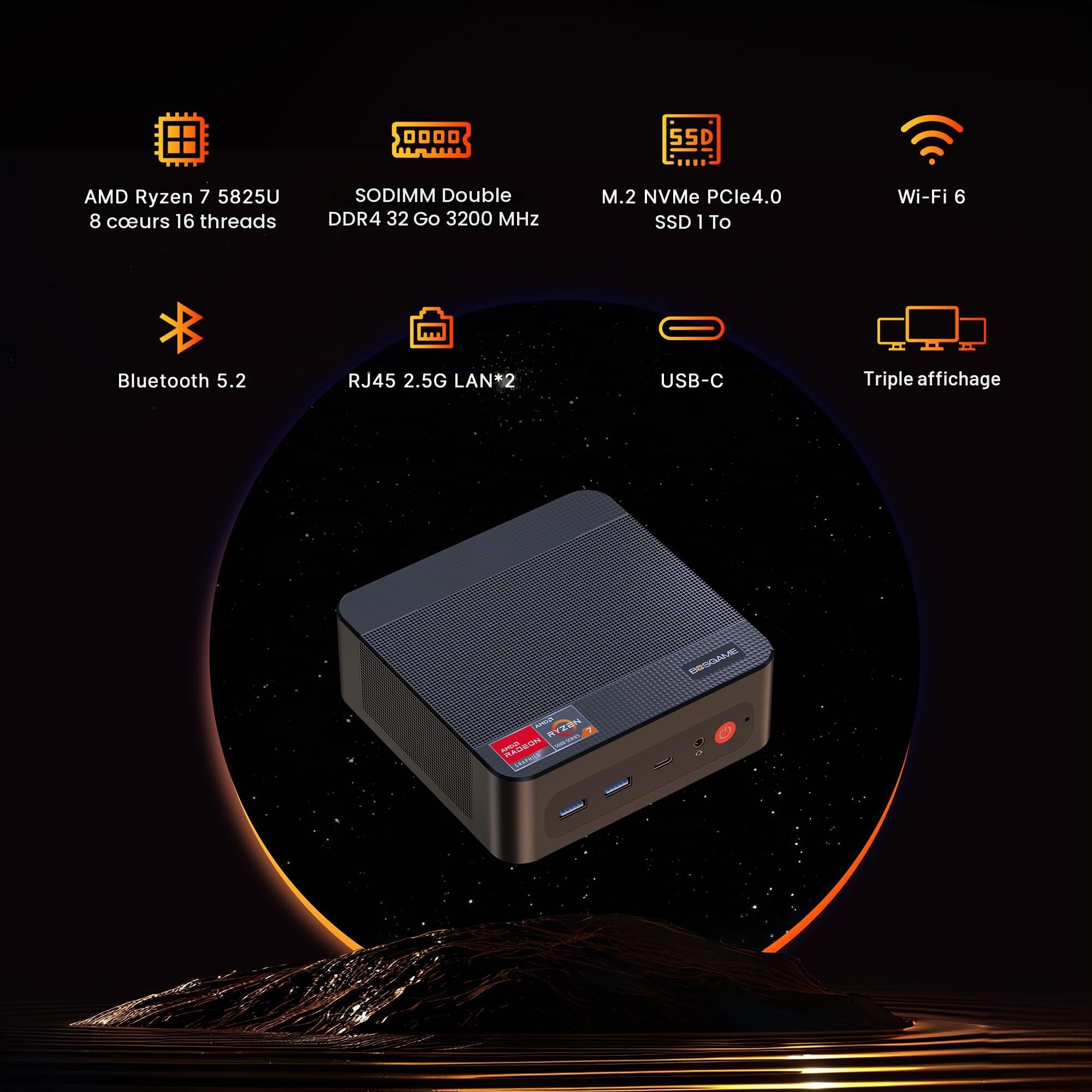 BOSGAME P4 Plus Dual 2.5G LAN Mini PC de Jeu, processeur AMD Ryzen 7 5825U (jusqu'à 4,5 GHz), Windows 11 Pro Mini-Ordinateur, 16 Go de RAM DDR4, SSD PCIe 3.0 512 Go, Mini PC de Bureau de Jeu
